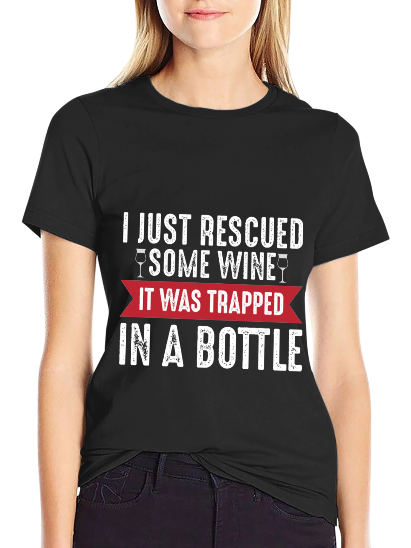 Rescued Wine Graphic Tee - Black Cotton Blend