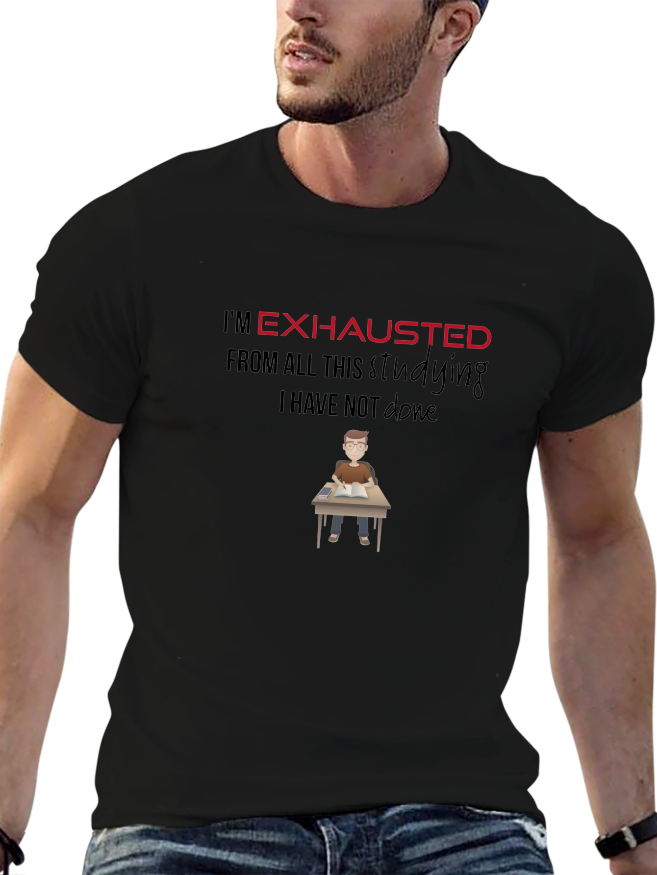 Exhausted Student Graphic Tee - Black Cotton T-Shirt