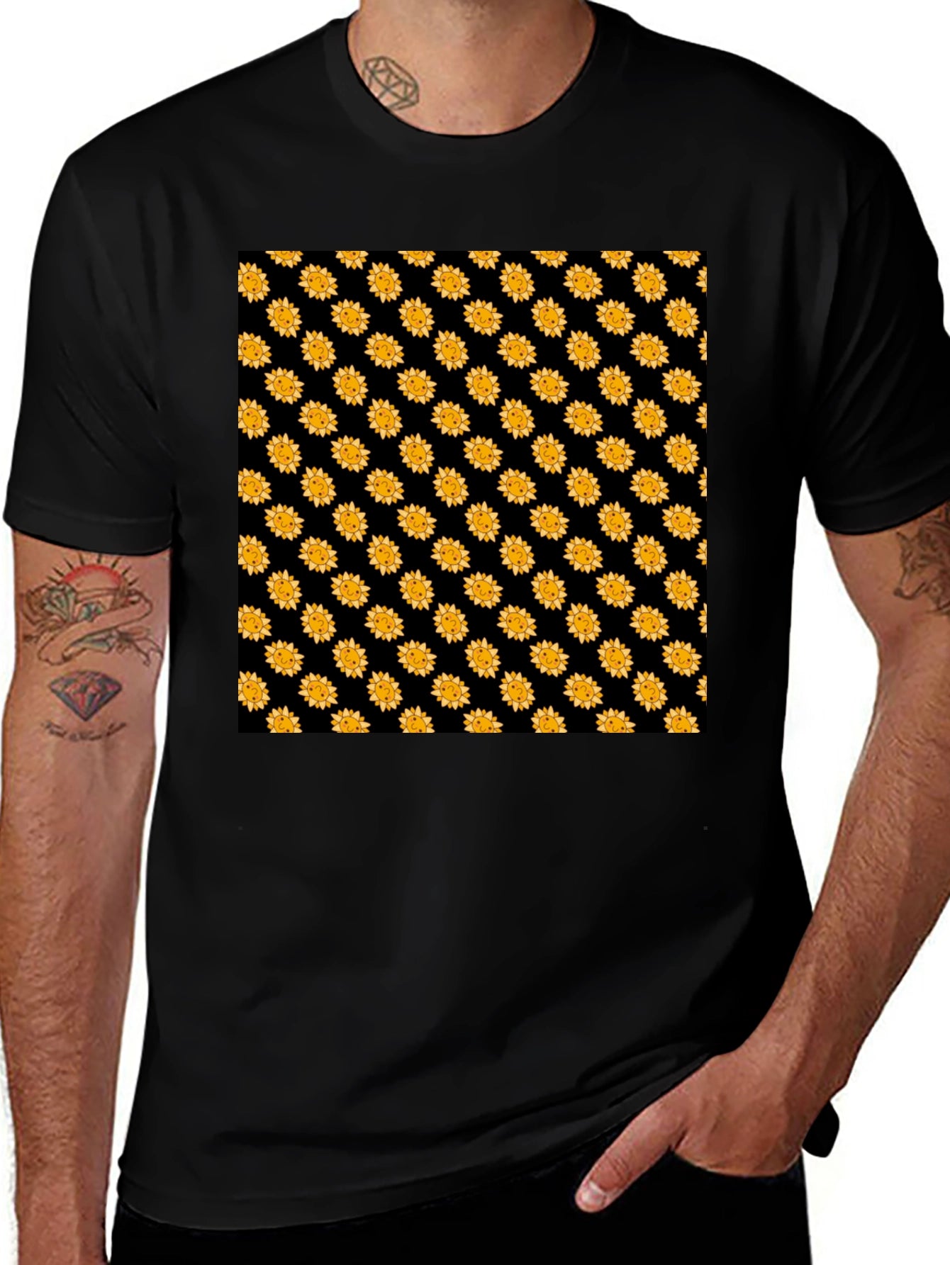 Sunflower Pattern Black T-Shirt