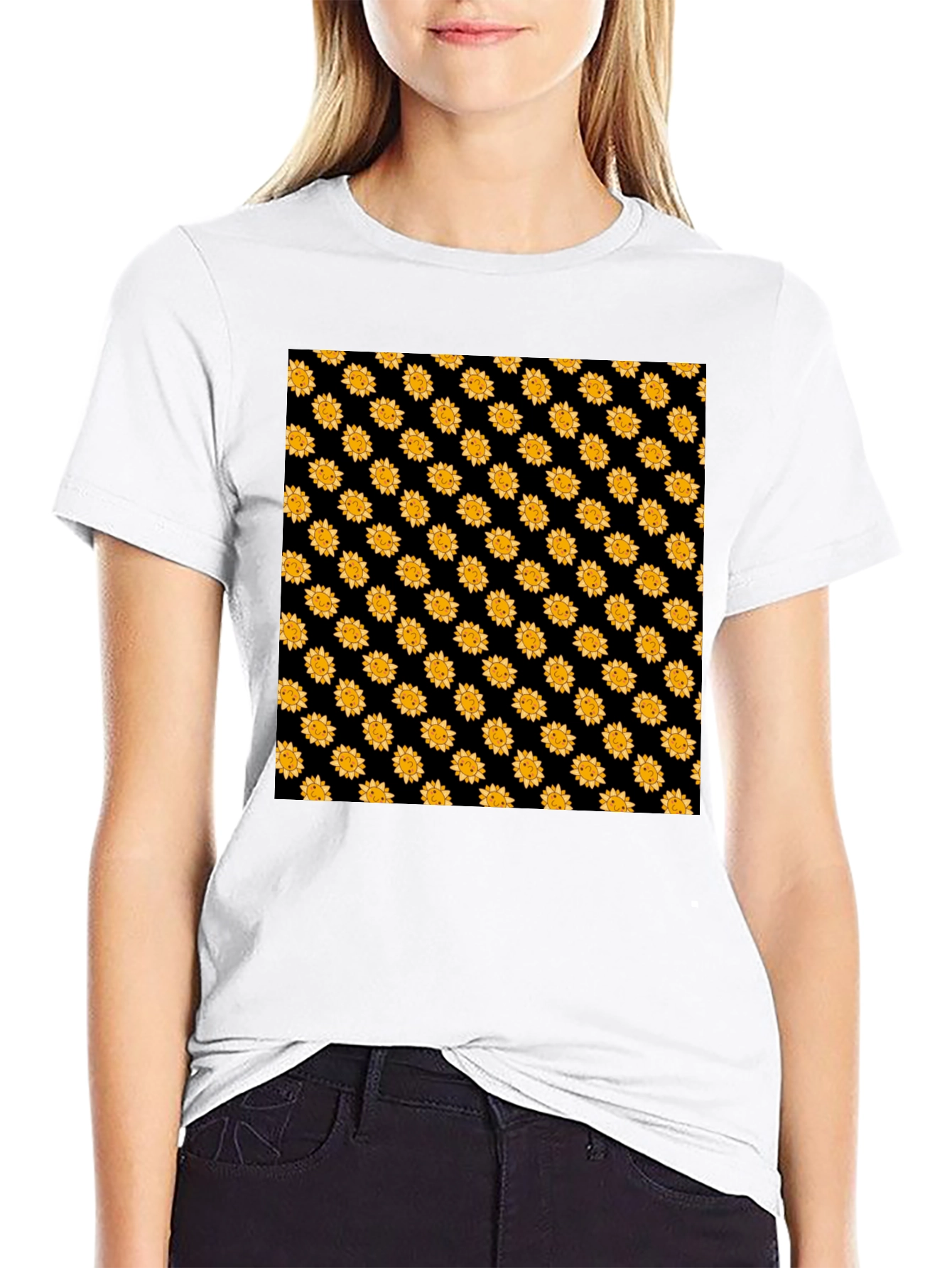 Sunflower Pattern Black T-Shirt