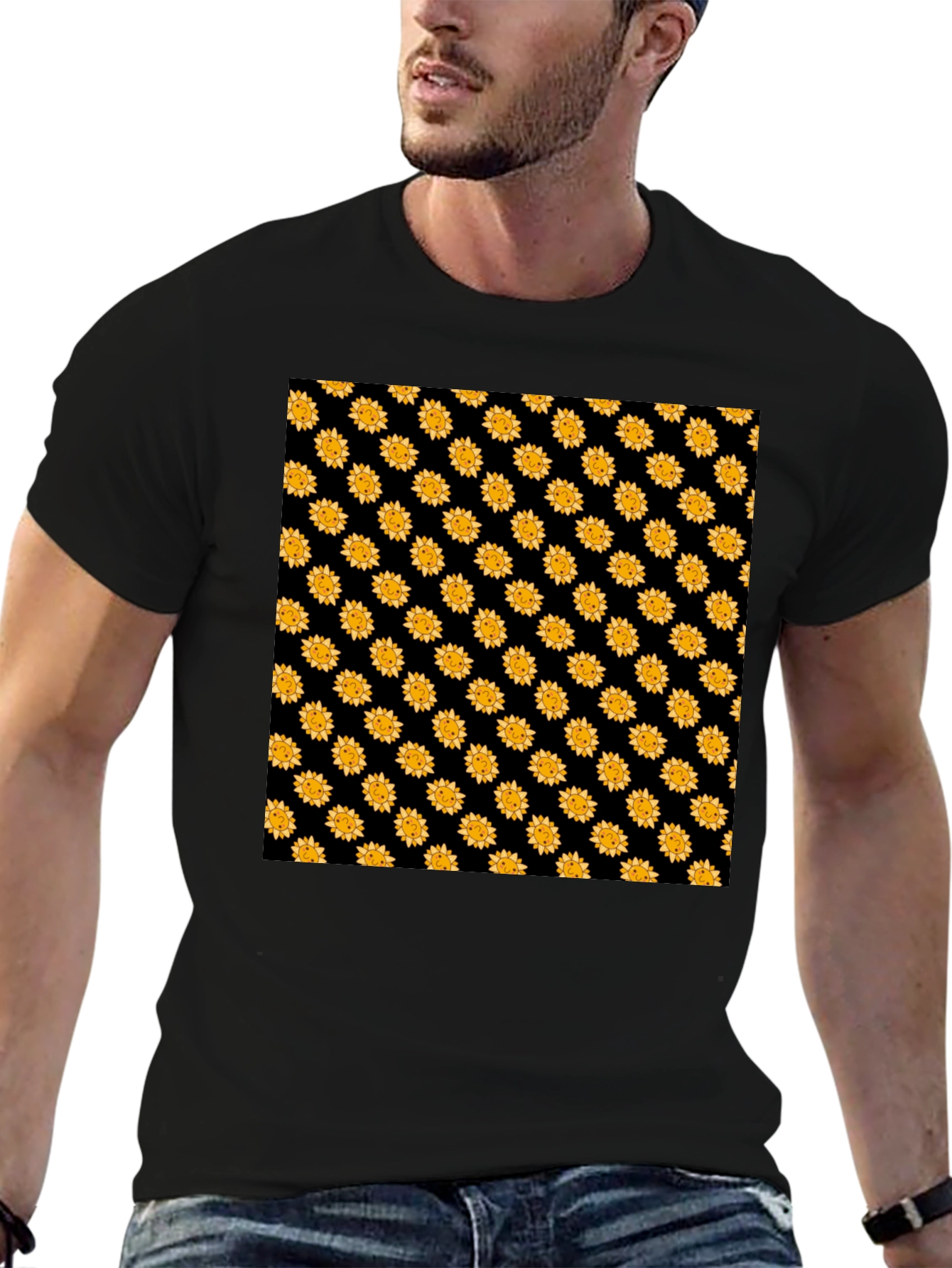Sunflower Pattern Black T-Shirt