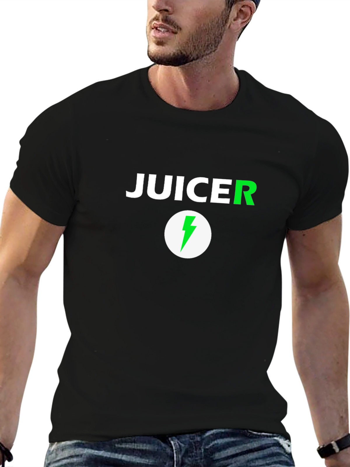 Juicer Black T-Shirt with Green Lightning Bolt Logo