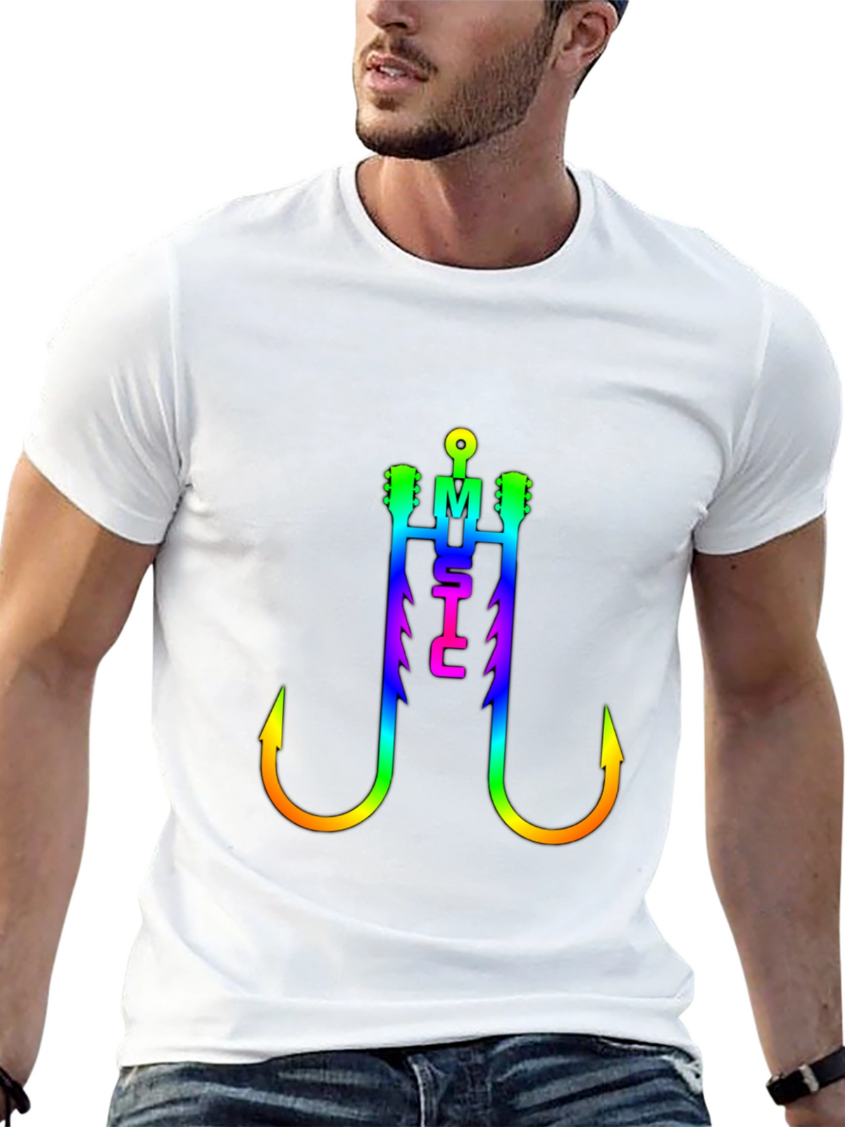 Music Fishing Hook T-Shirt - Rainbow Graphic Tee