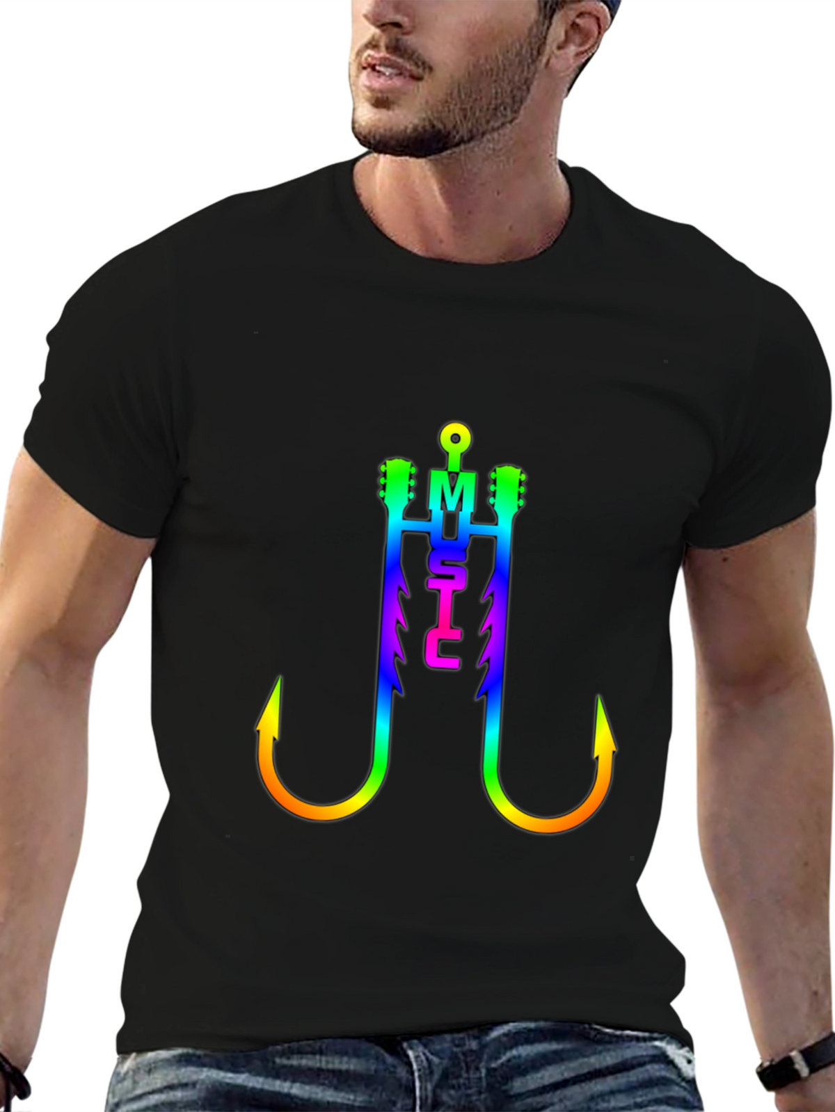 Music Fishing Hook T-Shirt - Rainbow Graphic Tee