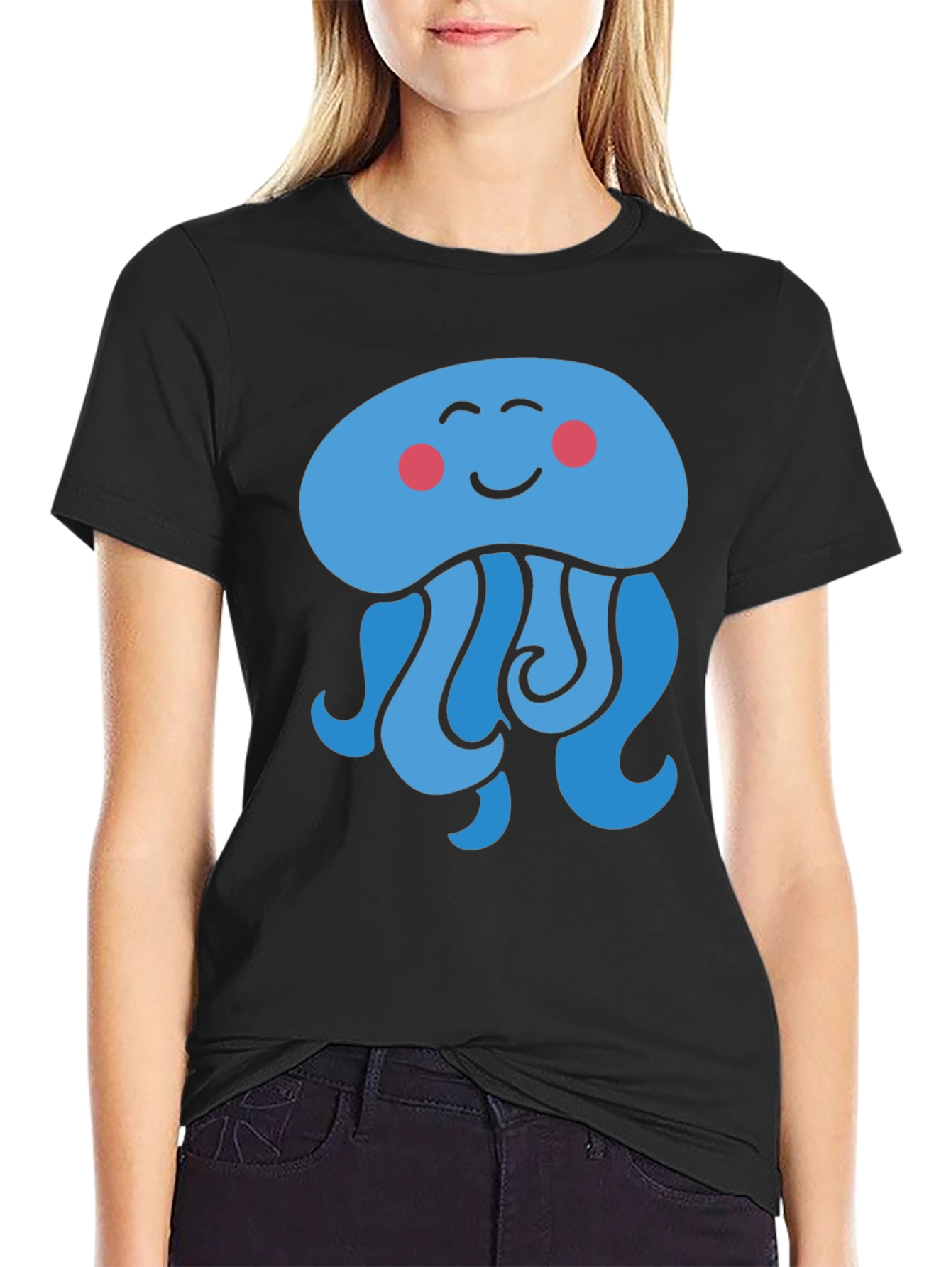 Cute Cartoon Jellyfish Graphic Tee - Black