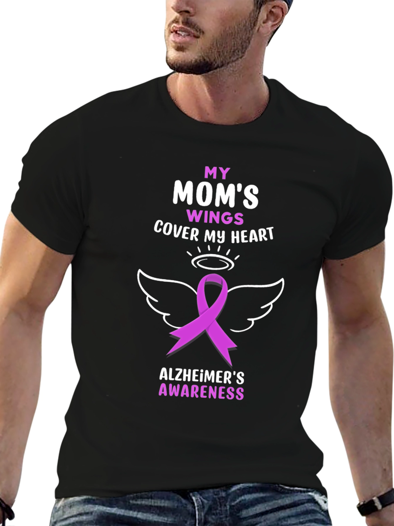 Alzheimers Awareness T-Shirt: Moms Wings Cover My Heart