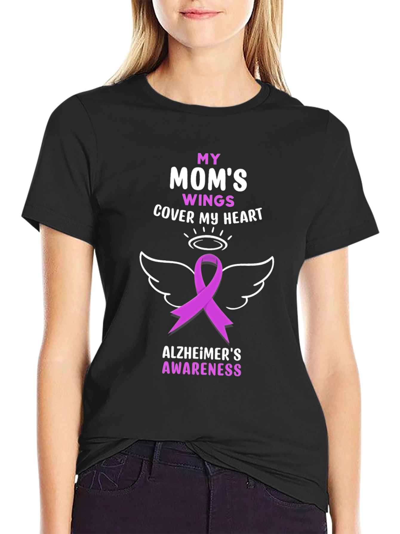Alzheimers Awareness T-Shirt: Moms Wings Cover My Heart