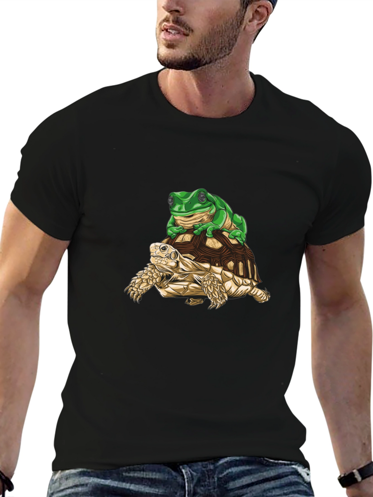 Frog Riding Turtle Graphic Tee - Black