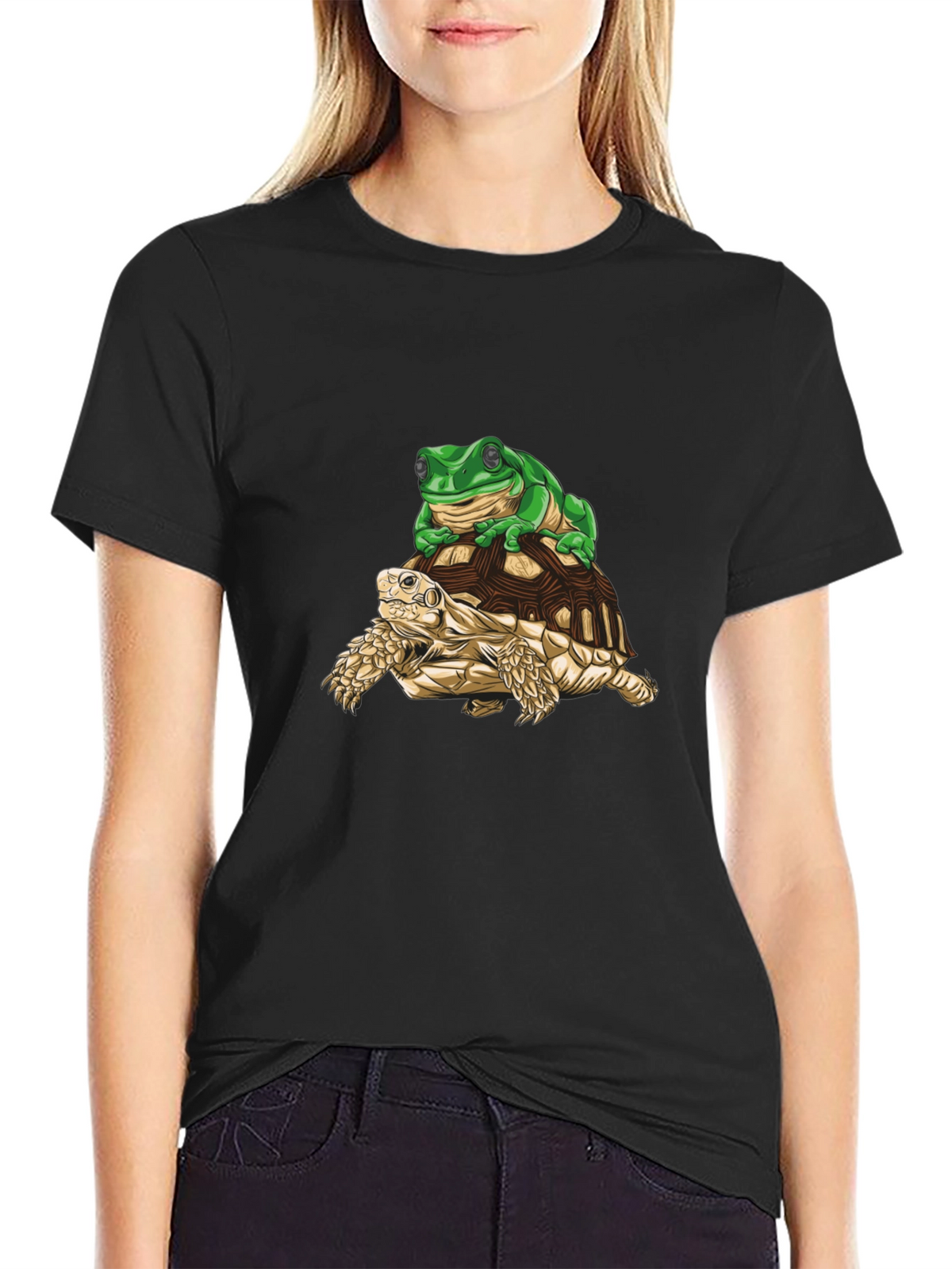 Frog Riding Turtle Graphic Tee - Black