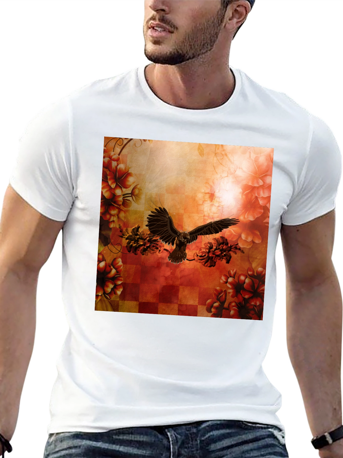 Floral Eagle Graphic Tee - Black Cotton Blend