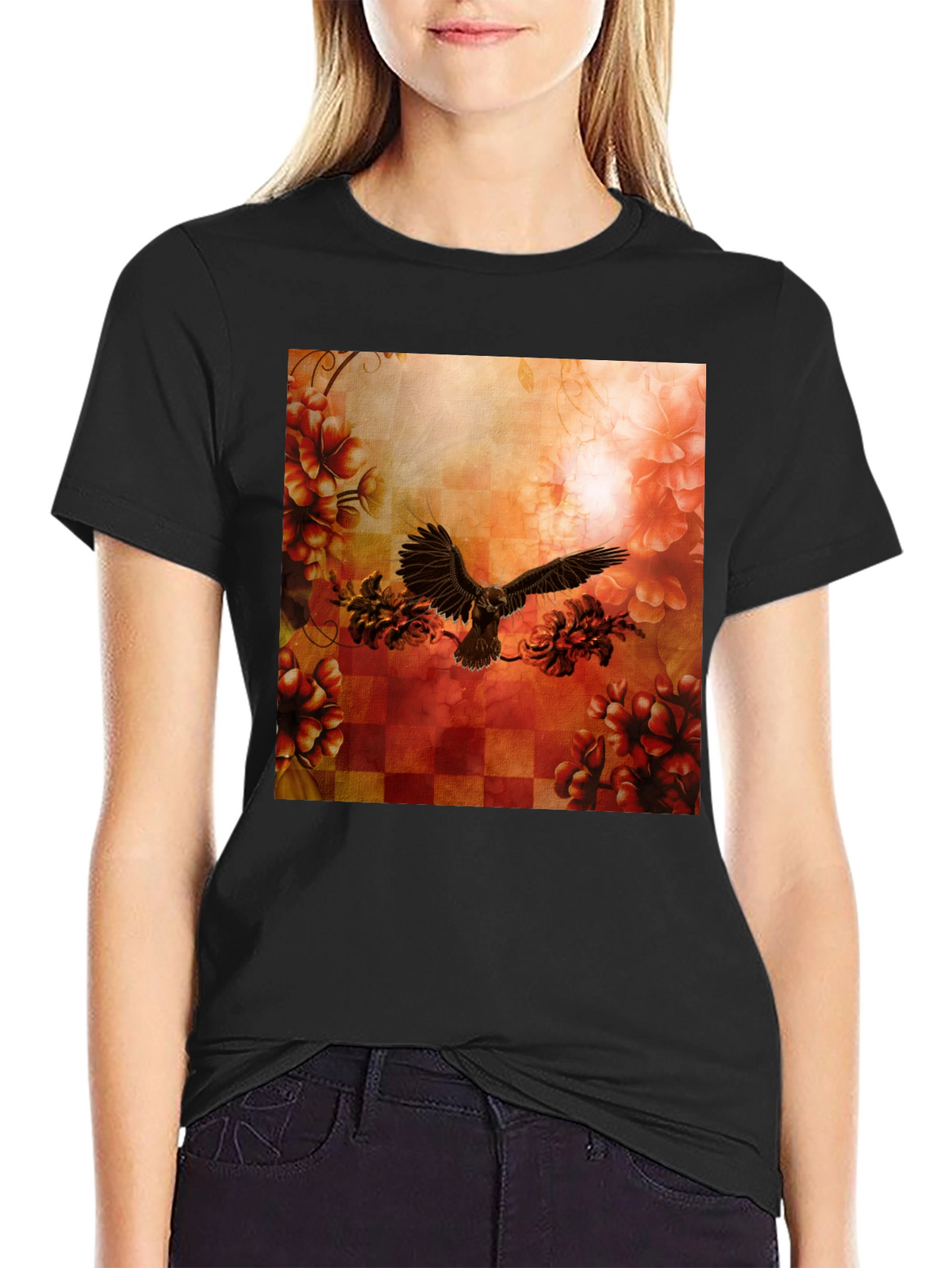 Floral Eagle Graphic Tee - Black Cotton Blend