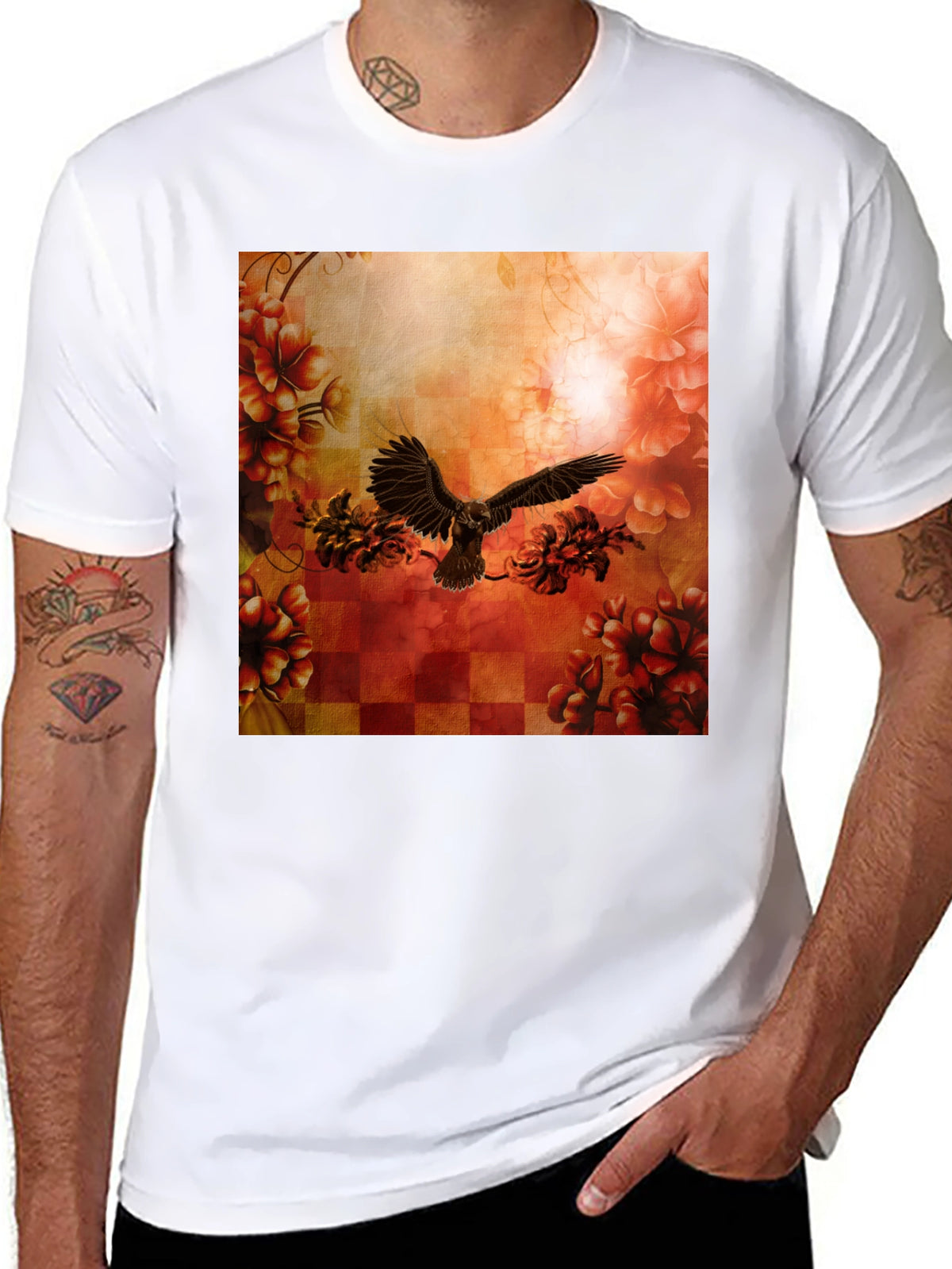 Floral Eagle Graphic Tee - Black Cotton Blend