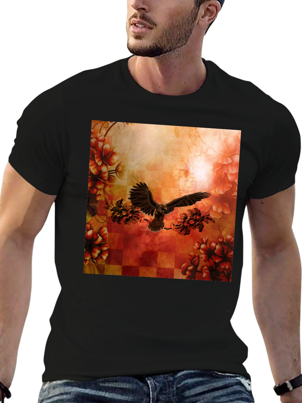 Floral Eagle Graphic Tee - Black Cotton Blend
