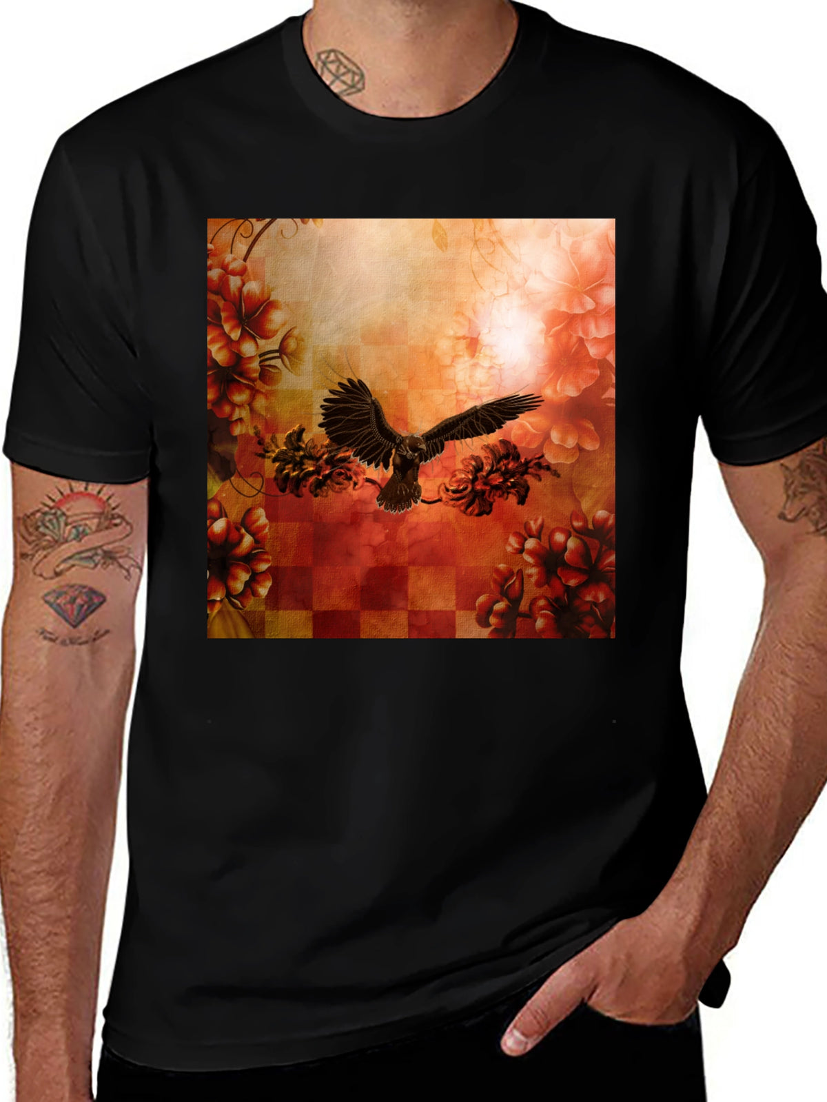 Floral Eagle Graphic Tee - Black Cotton Blend