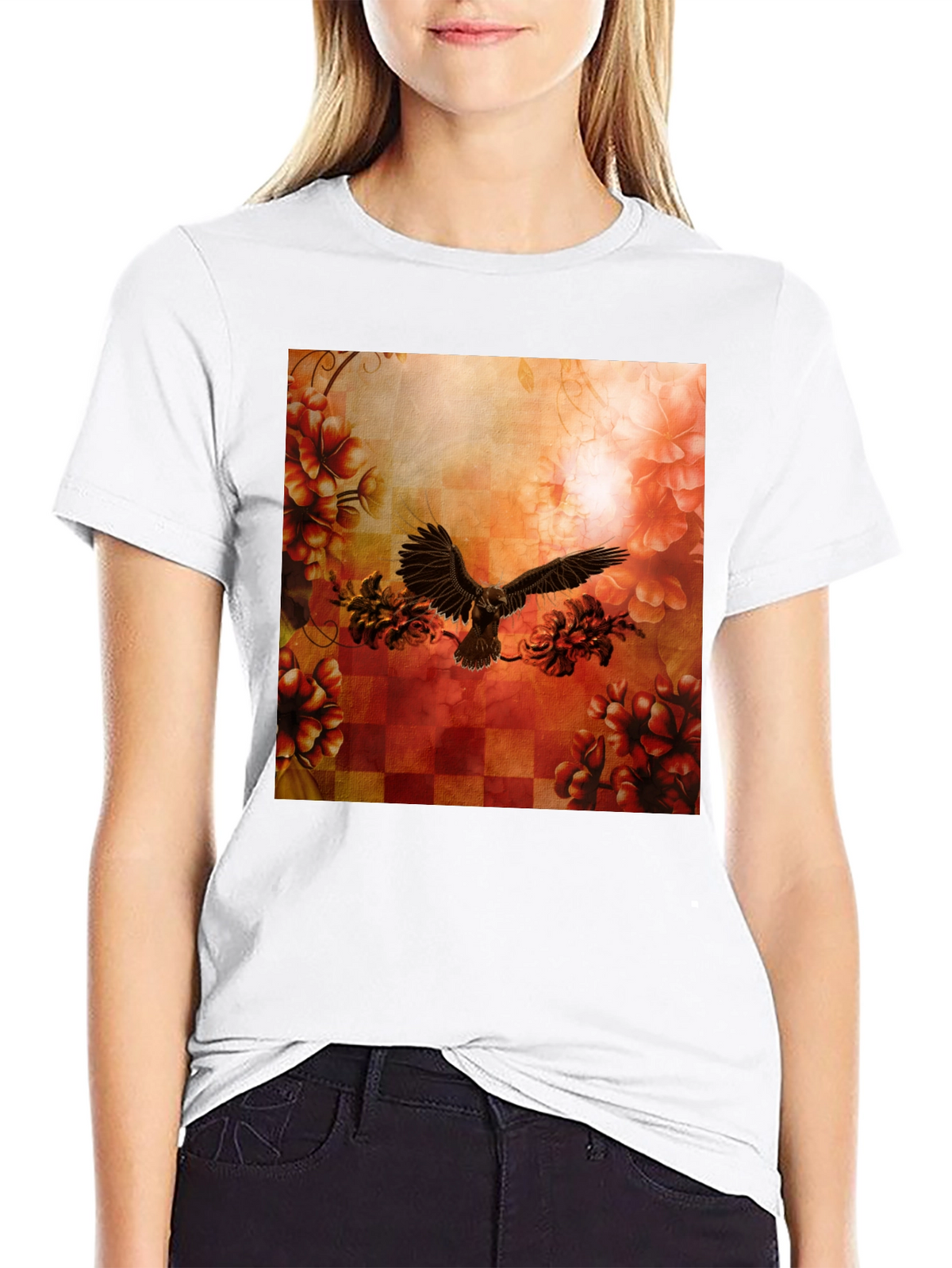 Floral Eagle Graphic Tee - Black Cotton Blend