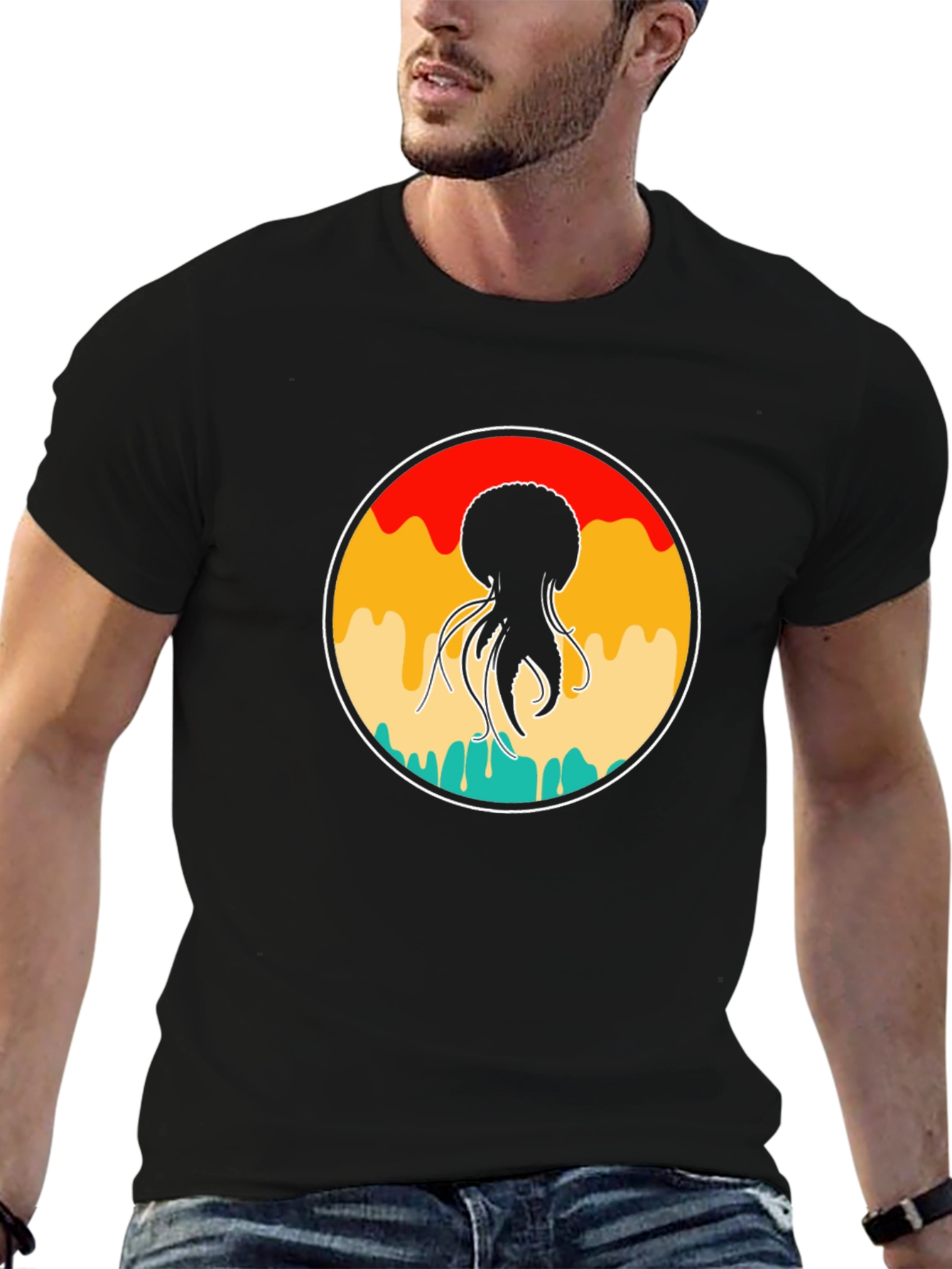 Retro Jellyfish Graphic Tee - Black Cotton Blend
