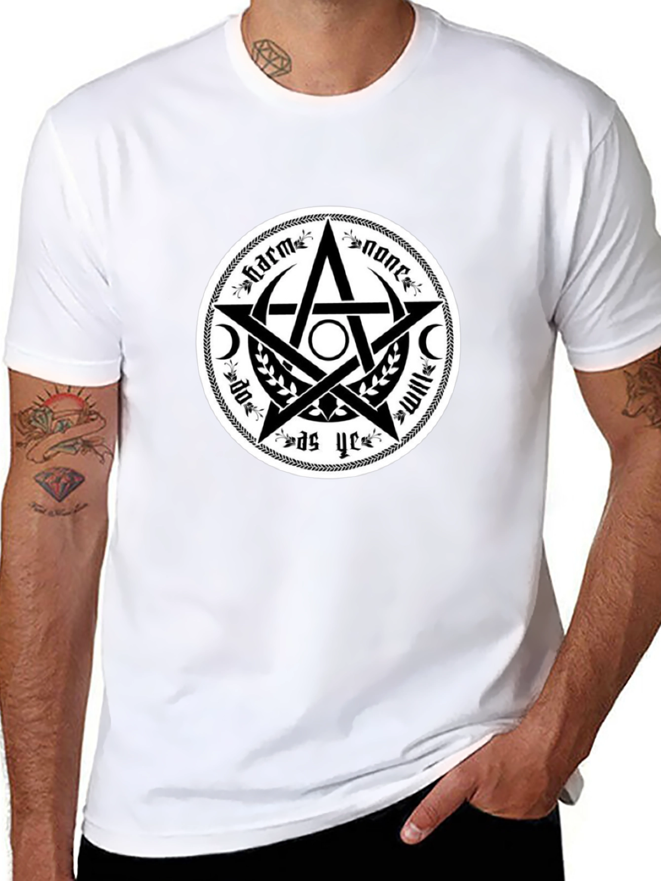 Harm None Wiccan Pentacle T-Shirt - Black Cotton Tee