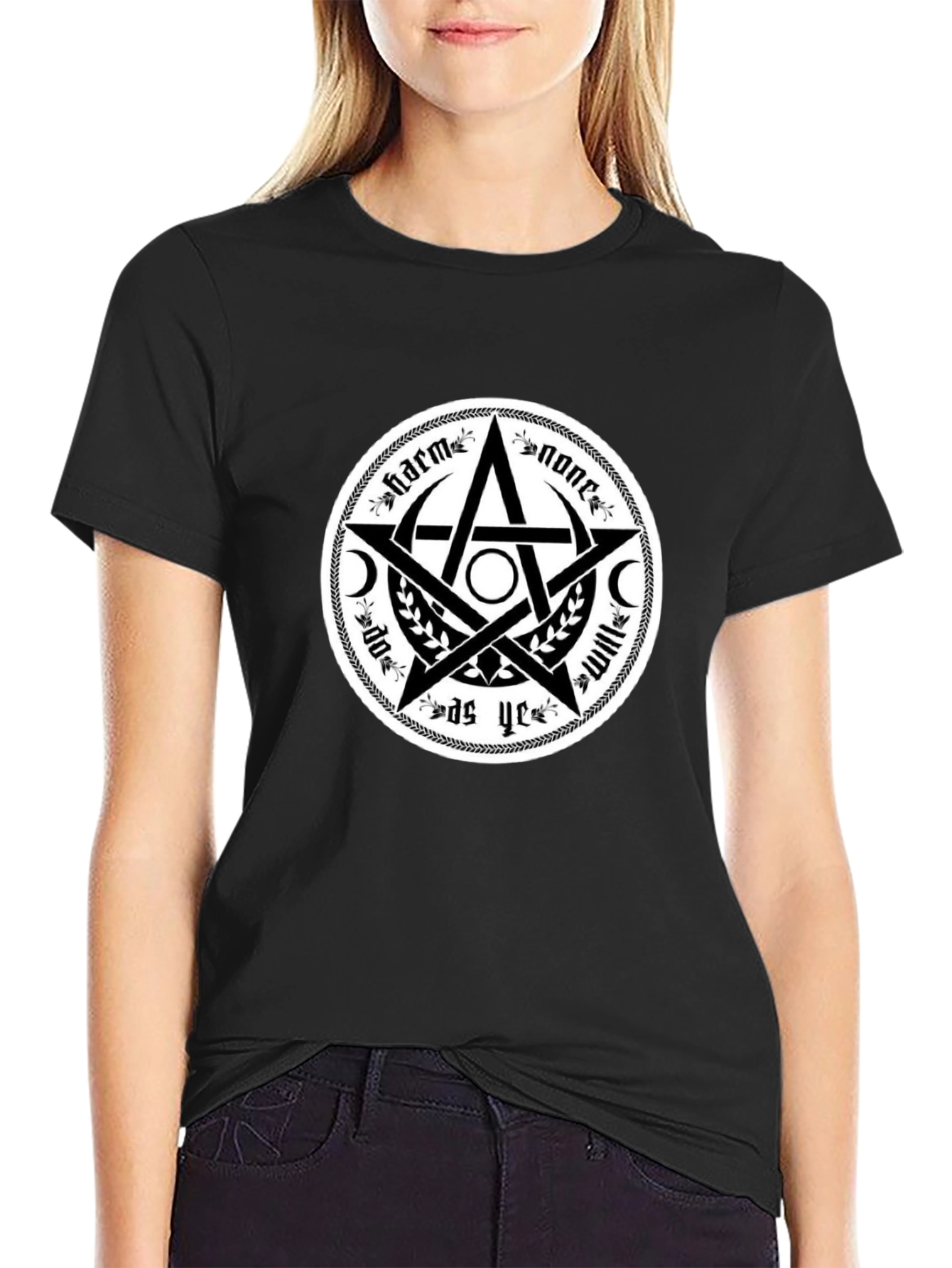 Harm None Wiccan Pentacle T-Shirt - Black Cotton Tee