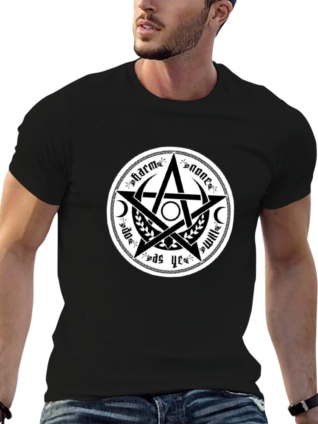 Harm None Wiccan Pentacle T-Shirt - Black Cotton Tee
