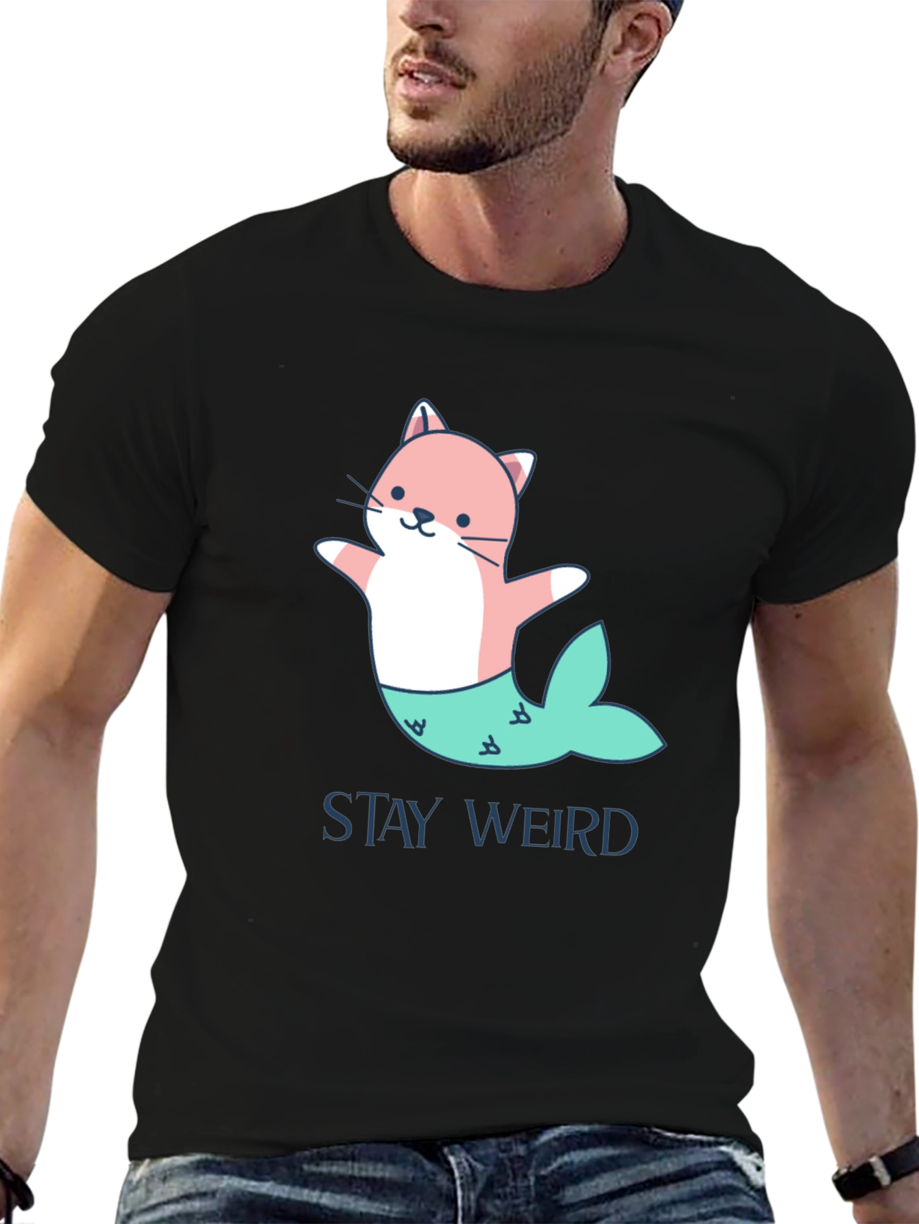 Stay Weird Cat Mermaid Graphic T-Shirt