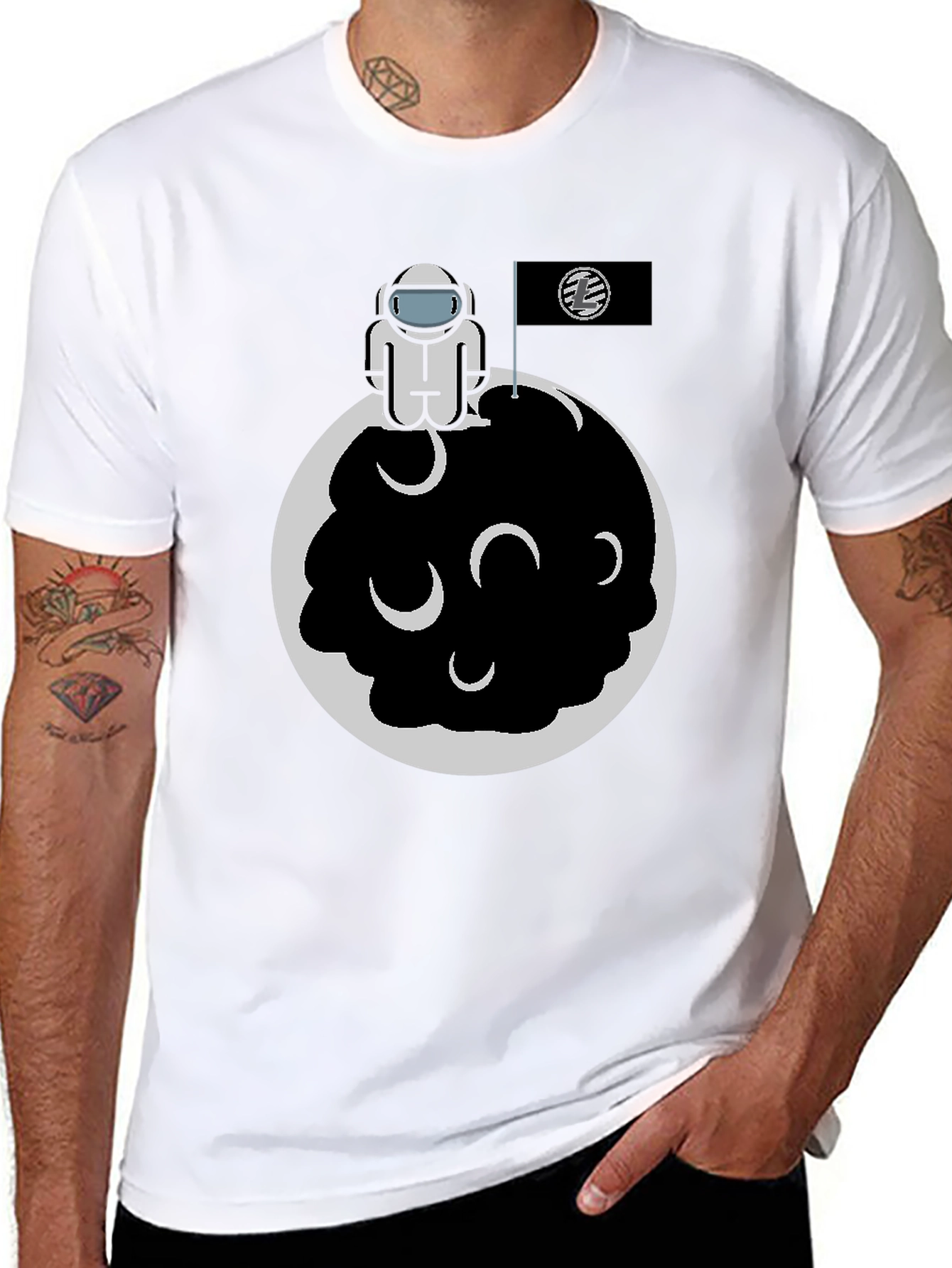 Astronaut on Moon Graphic Tee - Black Cotton Blend