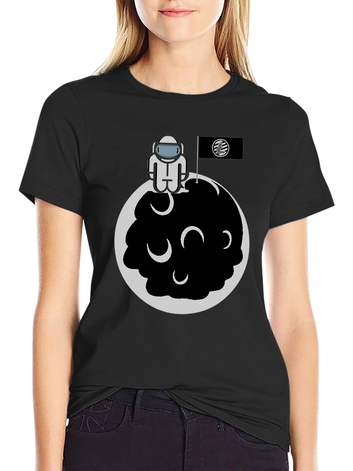 Astronaut on Moon Graphic Tee - Black Cotton Blend