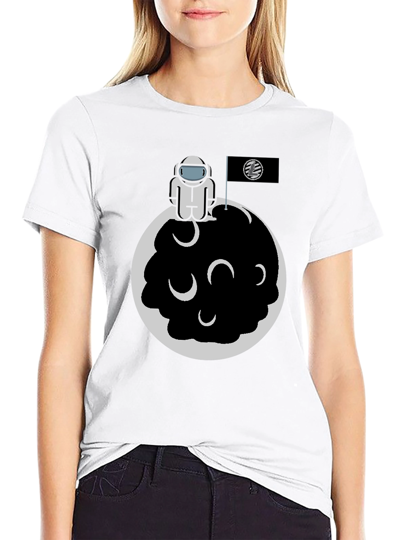Astronaut on Moon Graphic Tee - Black Cotton Blend