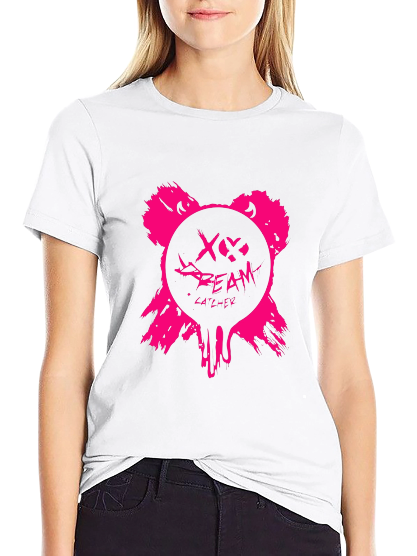 Edgy Pink Bear Graphic Black T-Shirt