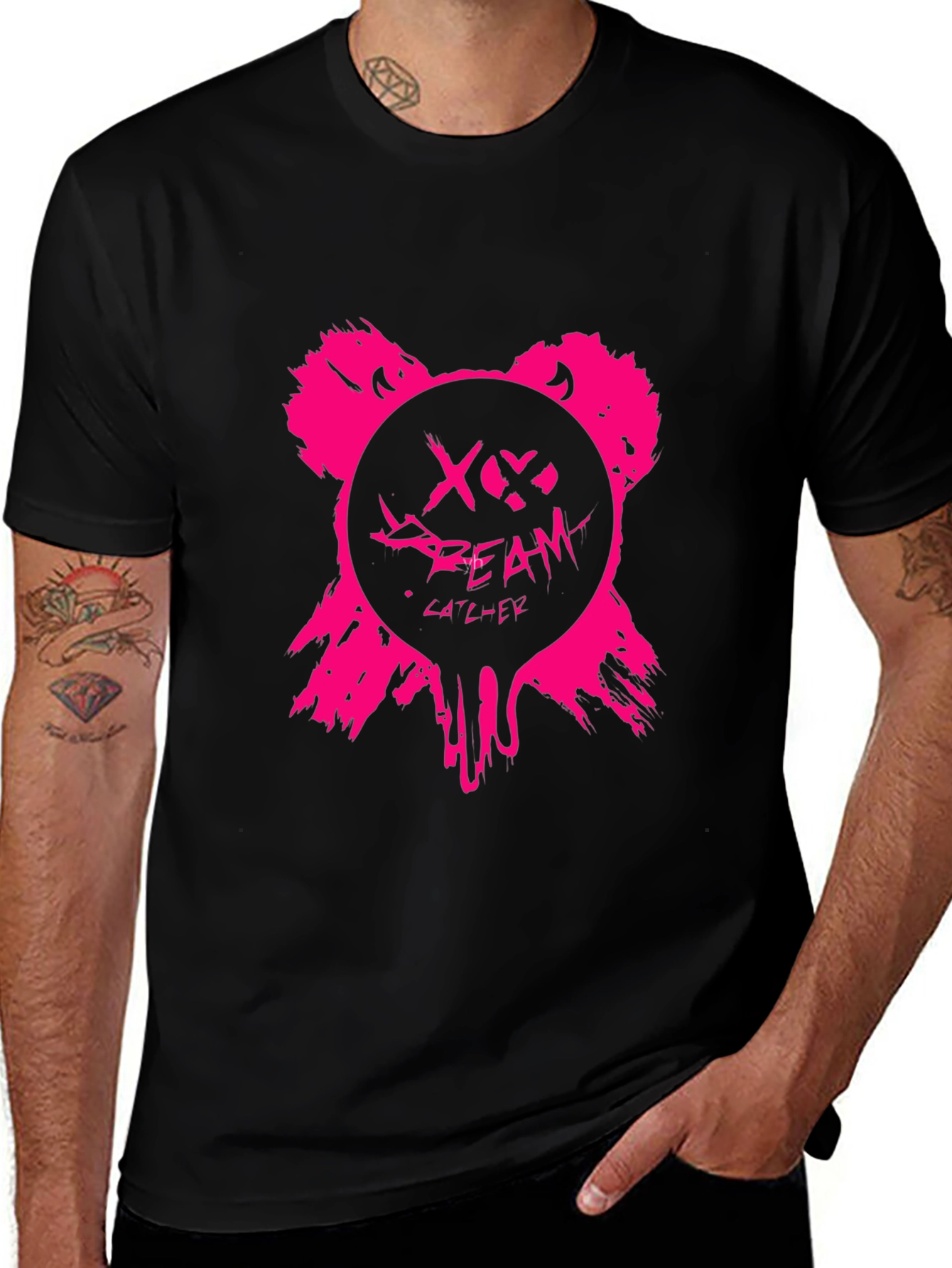 Edgy Pink Bear Graphic Black T-Shirt