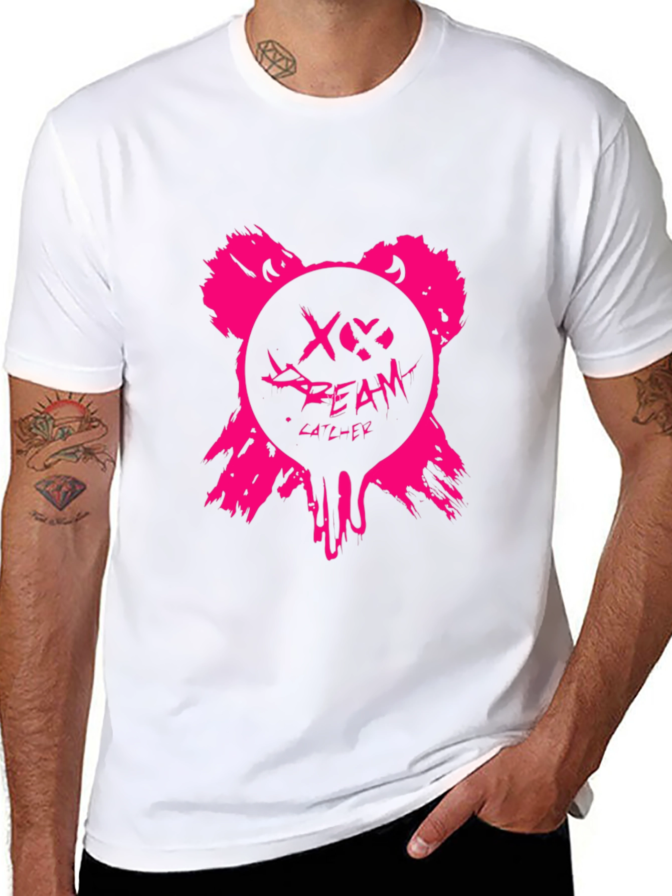Edgy Pink Bear Graphic Black T-Shirt