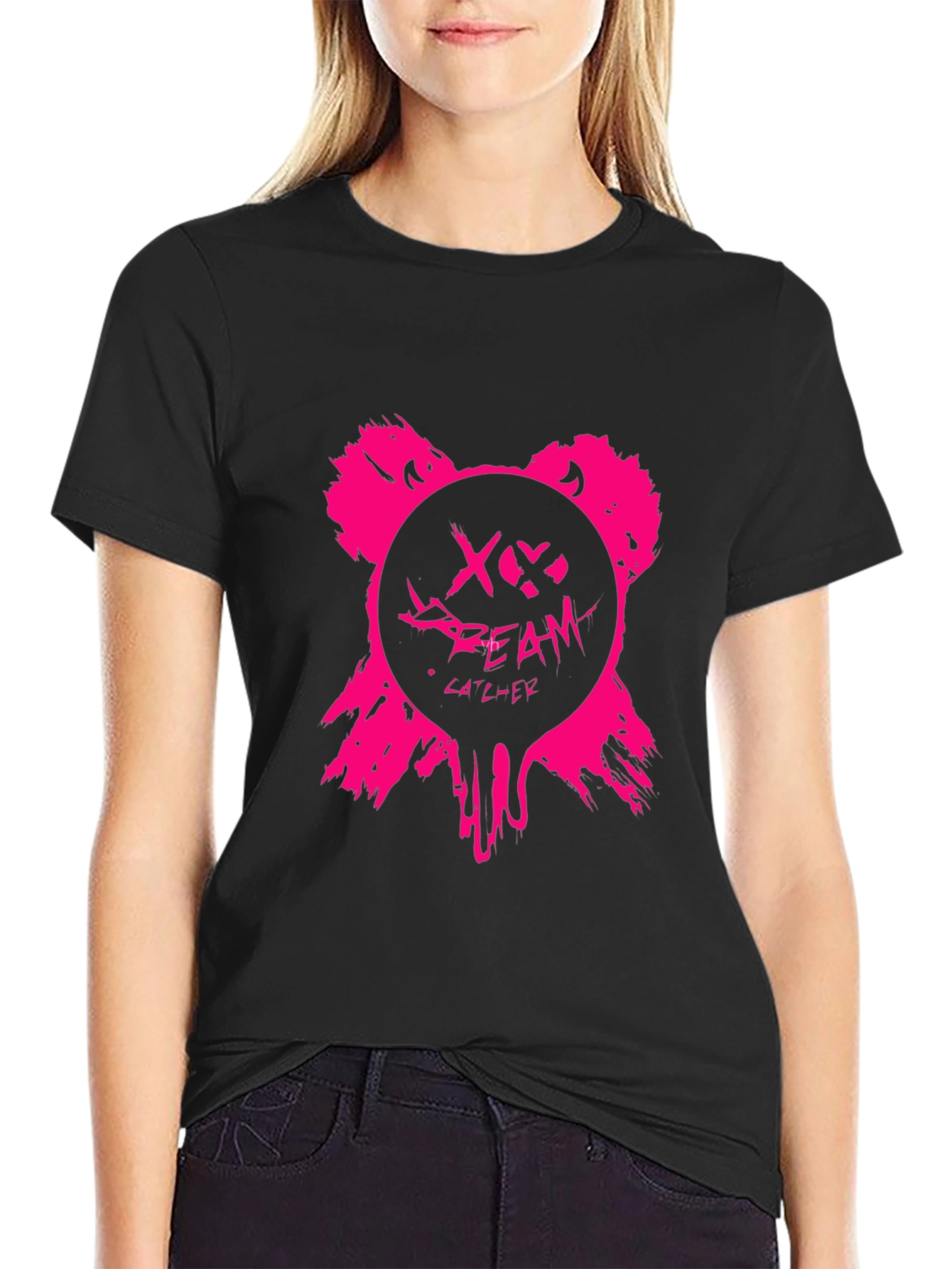 Edgy Pink Bear Graphic Black T-Shirt
