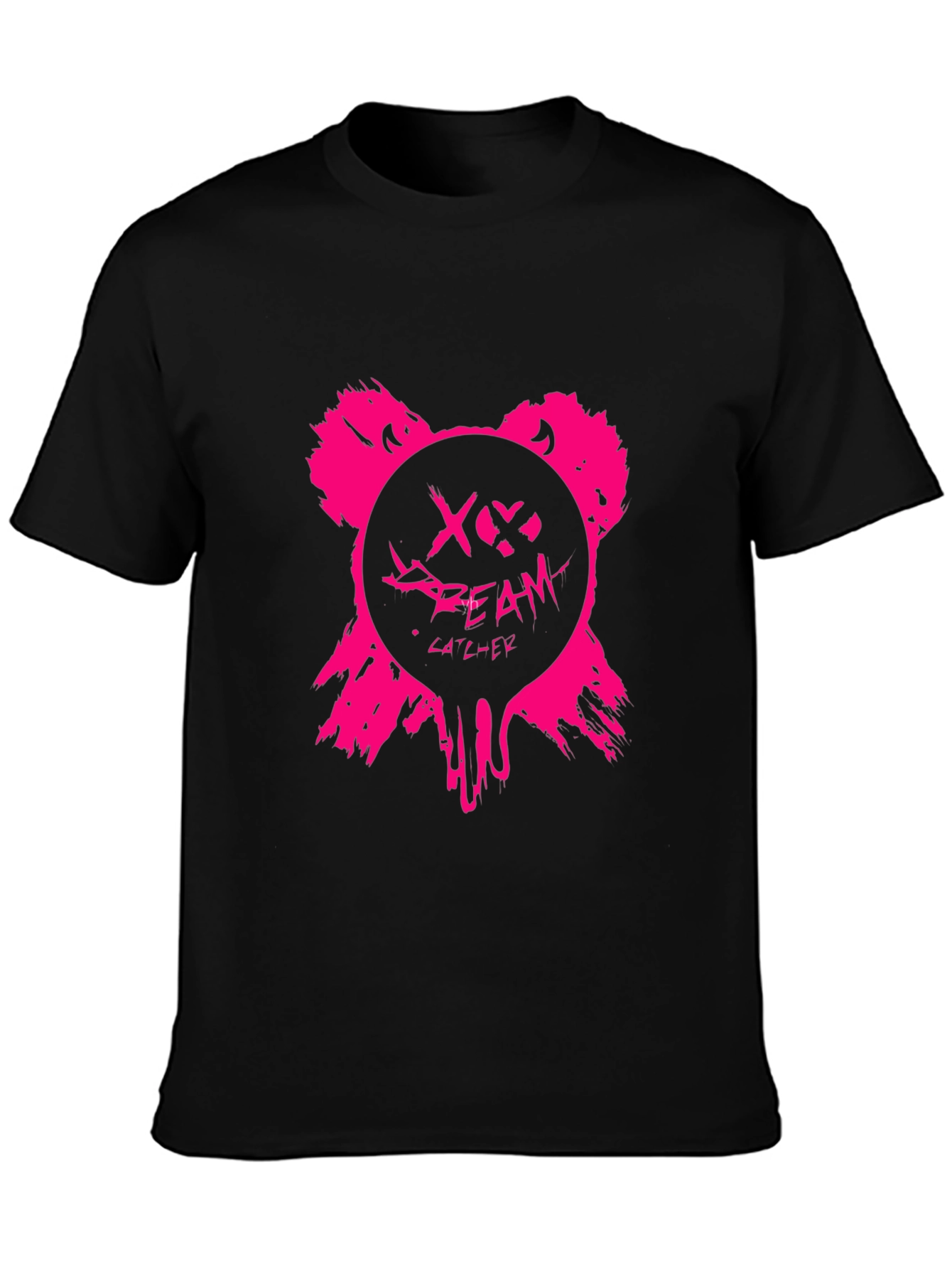 Edgy Pink Bear Graphic Black T-Shirt