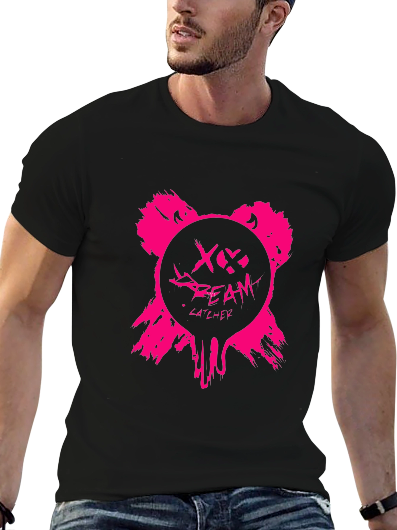 Edgy Pink Bear Graphic Black T-Shirt