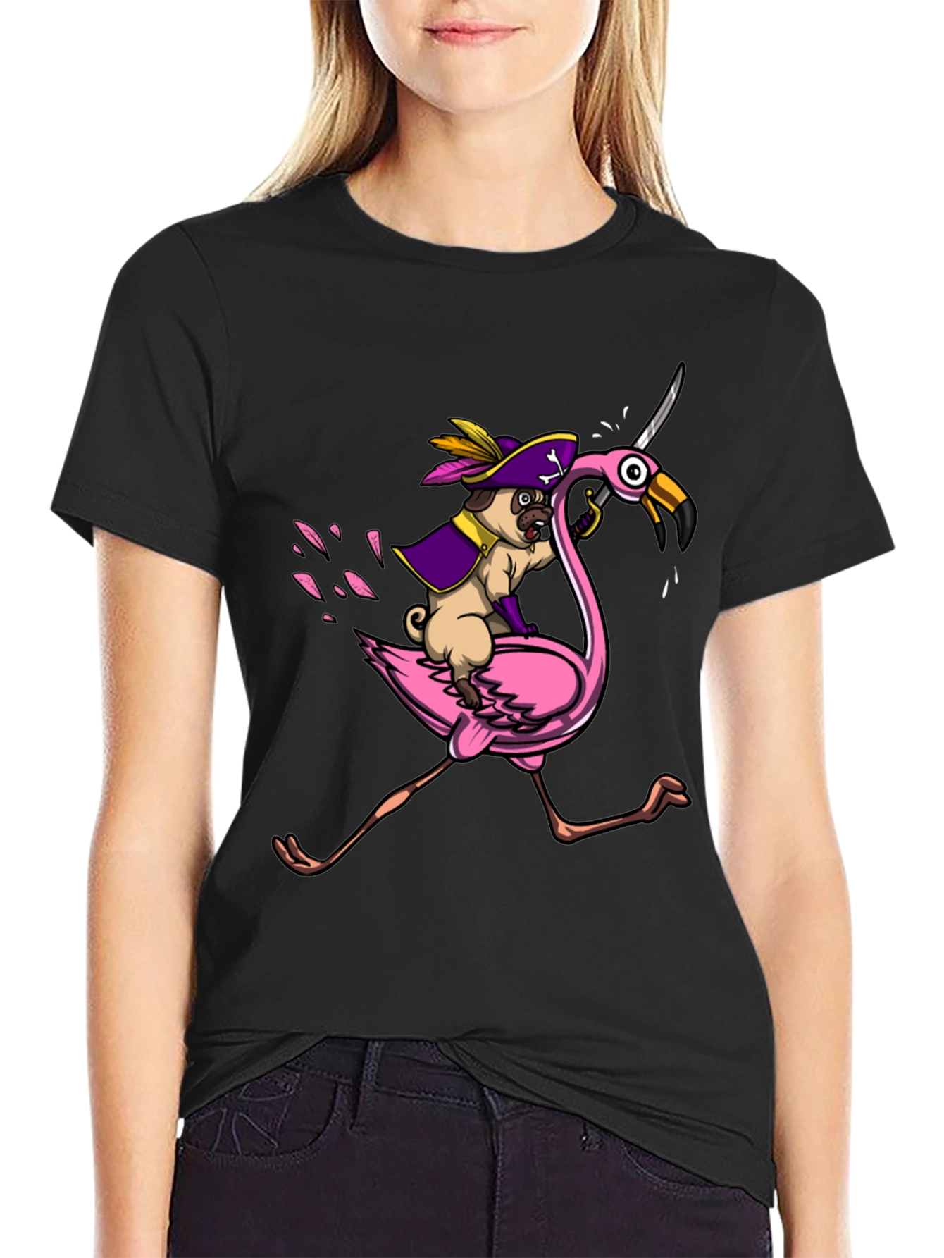 Pirate Pug Riding Flamingo T-Shirt
