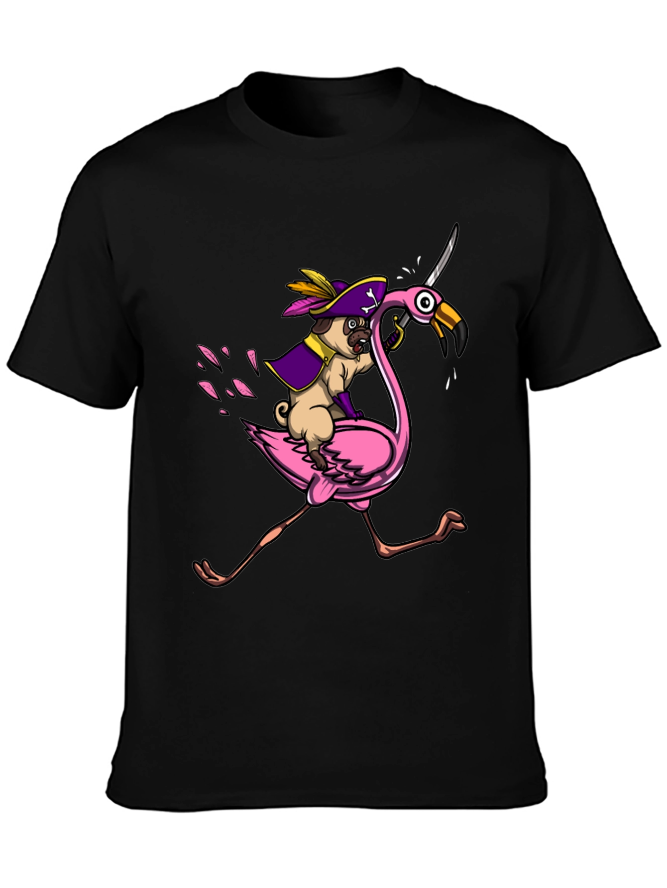 Pirate Pug Riding Flamingo T-Shirt