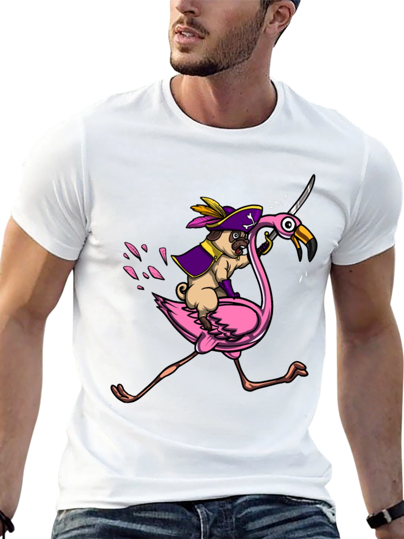 Pirate Pug Riding Flamingo T-Shirt