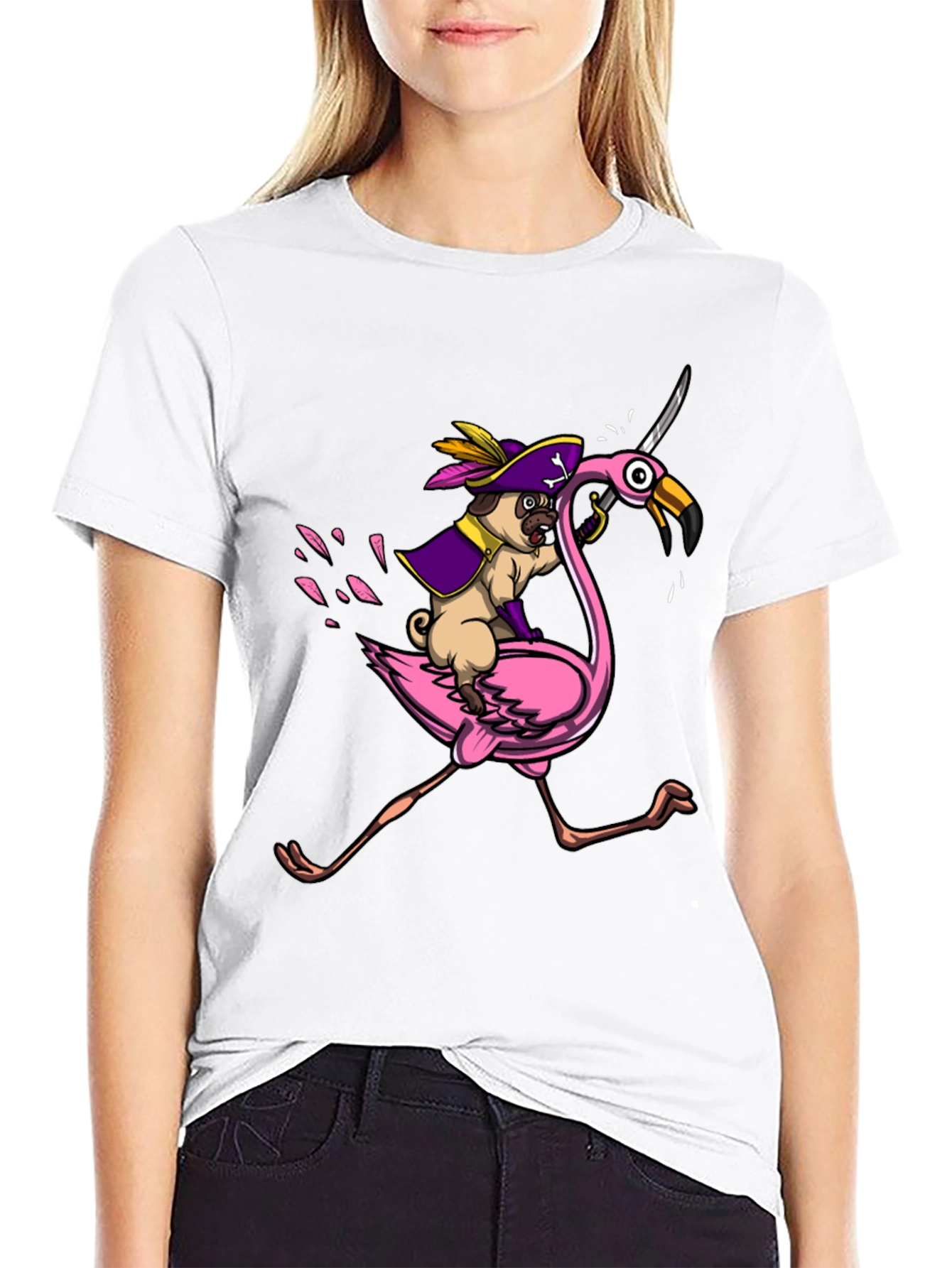 Pirate Pug Riding Flamingo T-Shirt