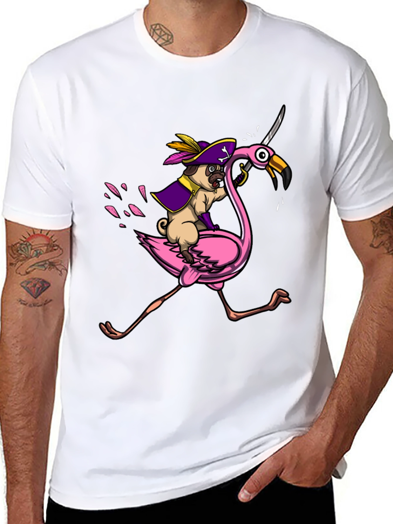 Pirate Pug Riding Flamingo T-Shirt