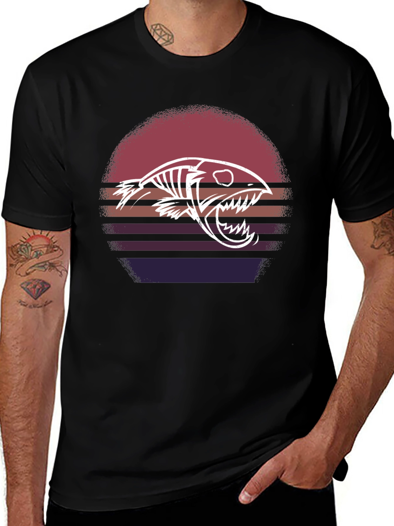 Retro Sunset Fish Skeleton Graphic Tee - Black Cotton