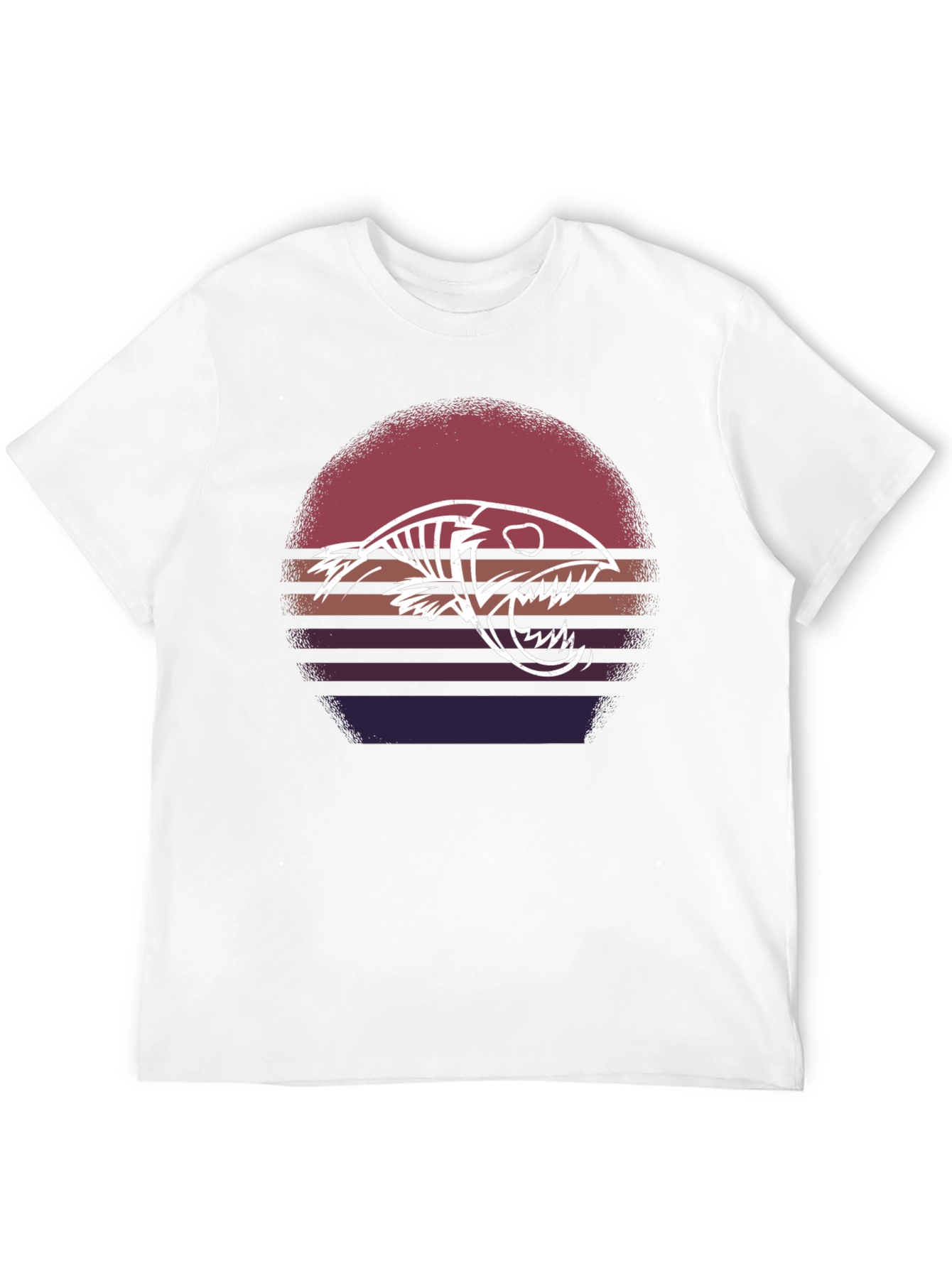 Retro Sunset Fish Skeleton Graphic Tee - Black Cotton
