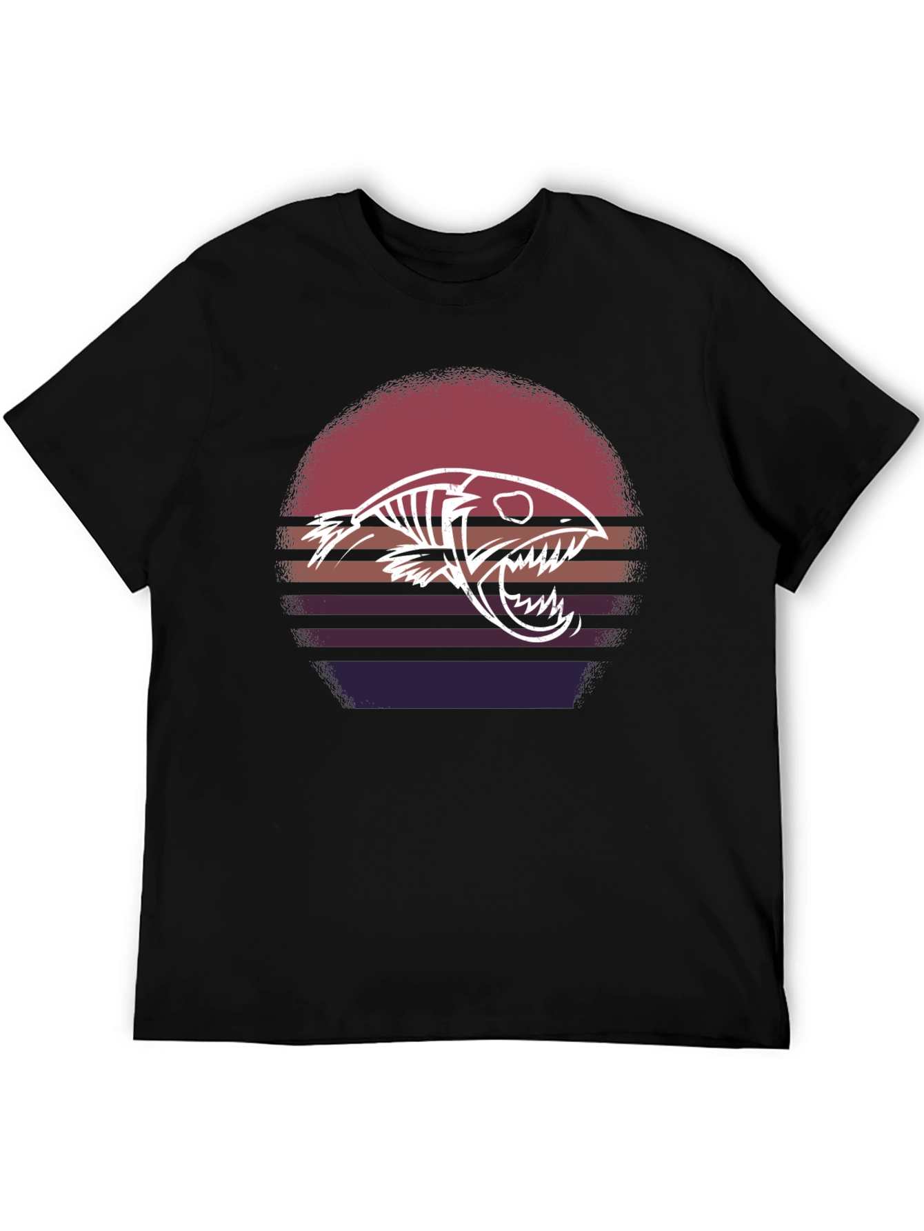 Retro Sunset Fish Skeleton Graphic Tee - Black Cotton