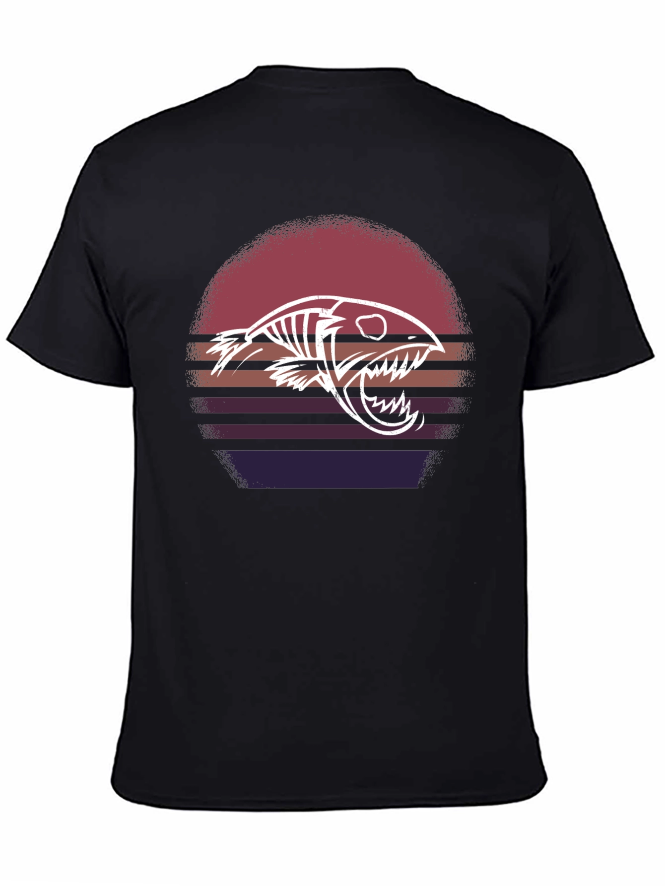 Retro Sunset Fish Skeleton Graphic Tee - Black Cotton