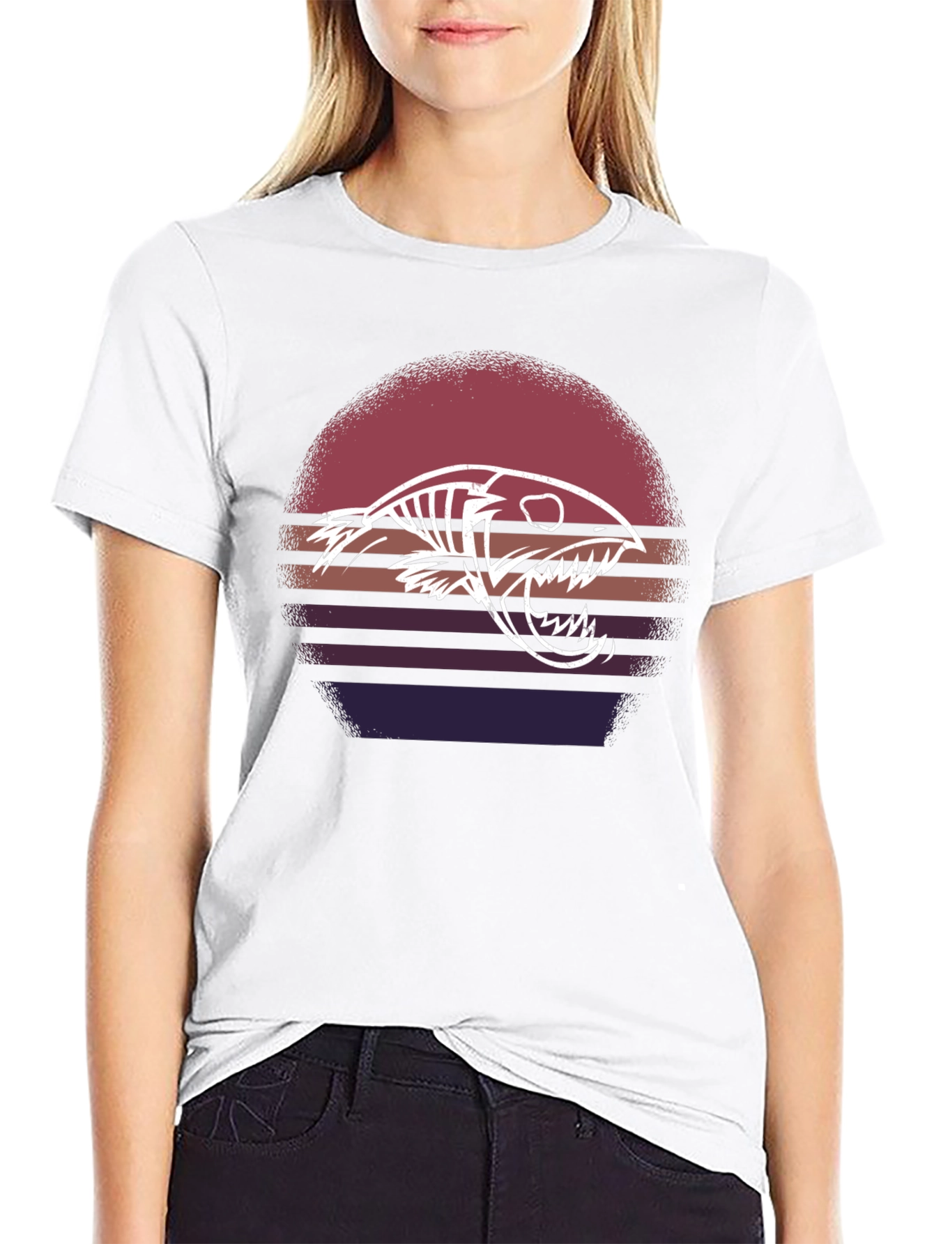 Retro Sunset Fish Skeleton Graphic Tee - Black Cotton