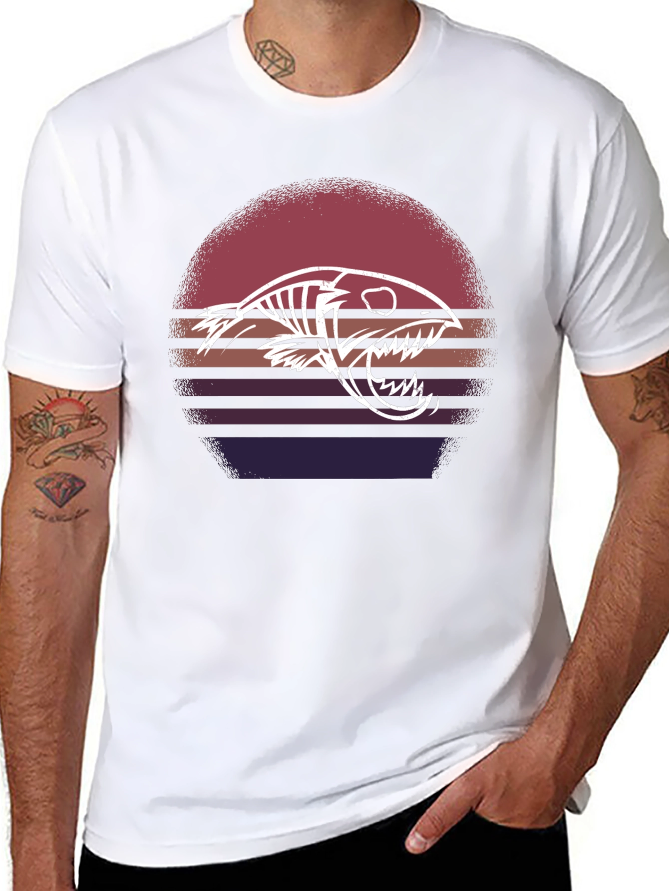 Retro Sunset Fish Skeleton Graphic Tee - Black Cotton