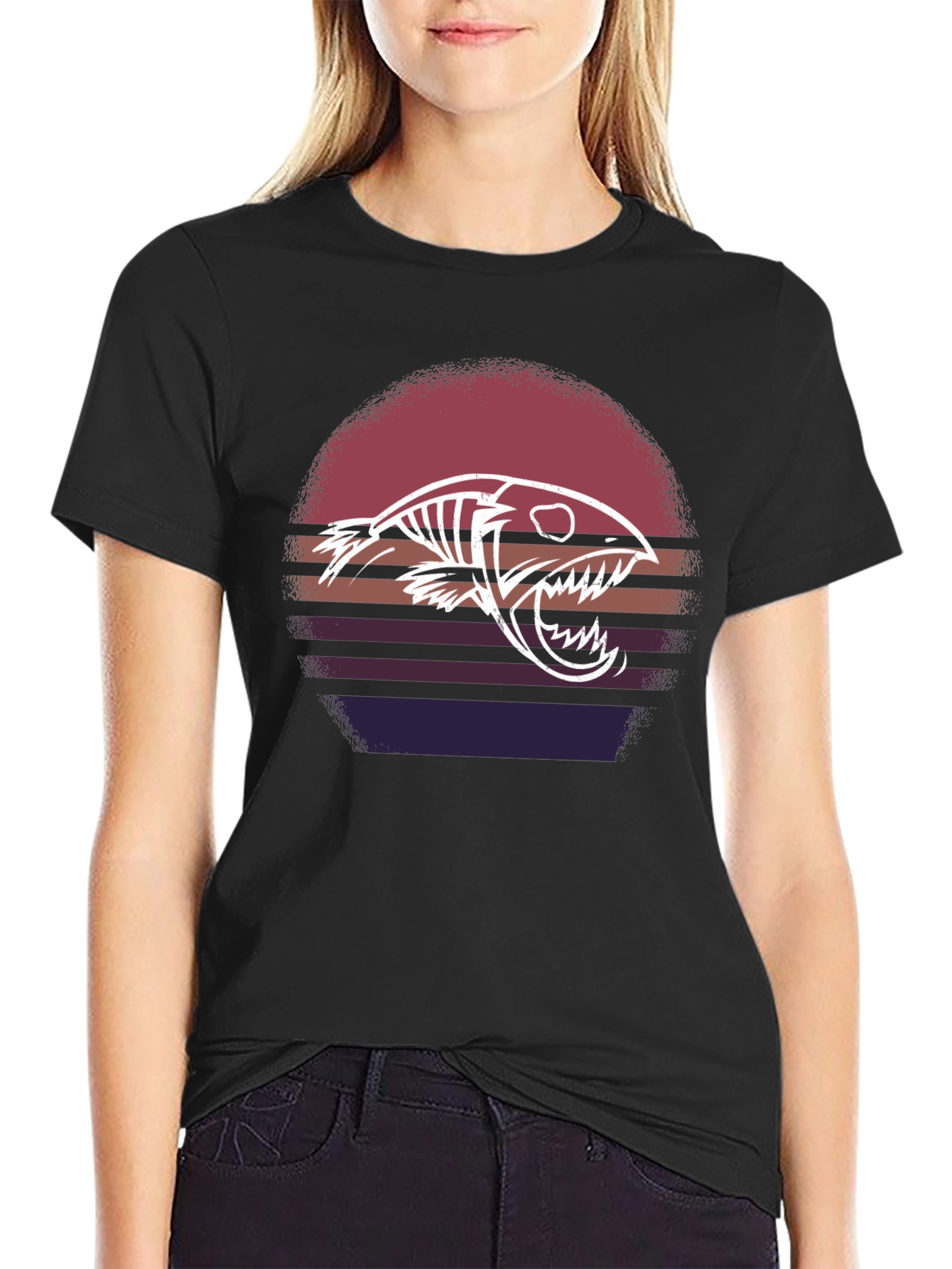 Retro Sunset Fish Skeleton Graphic Tee - Black Cotton