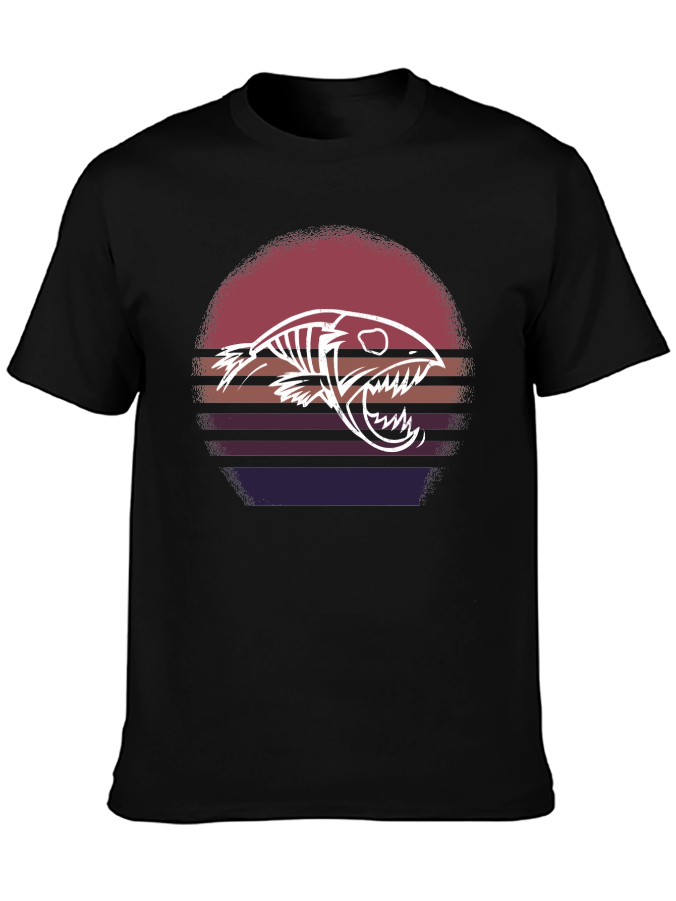 Retro Sunset Fish Skeleton Graphic Tee - Black Cotton