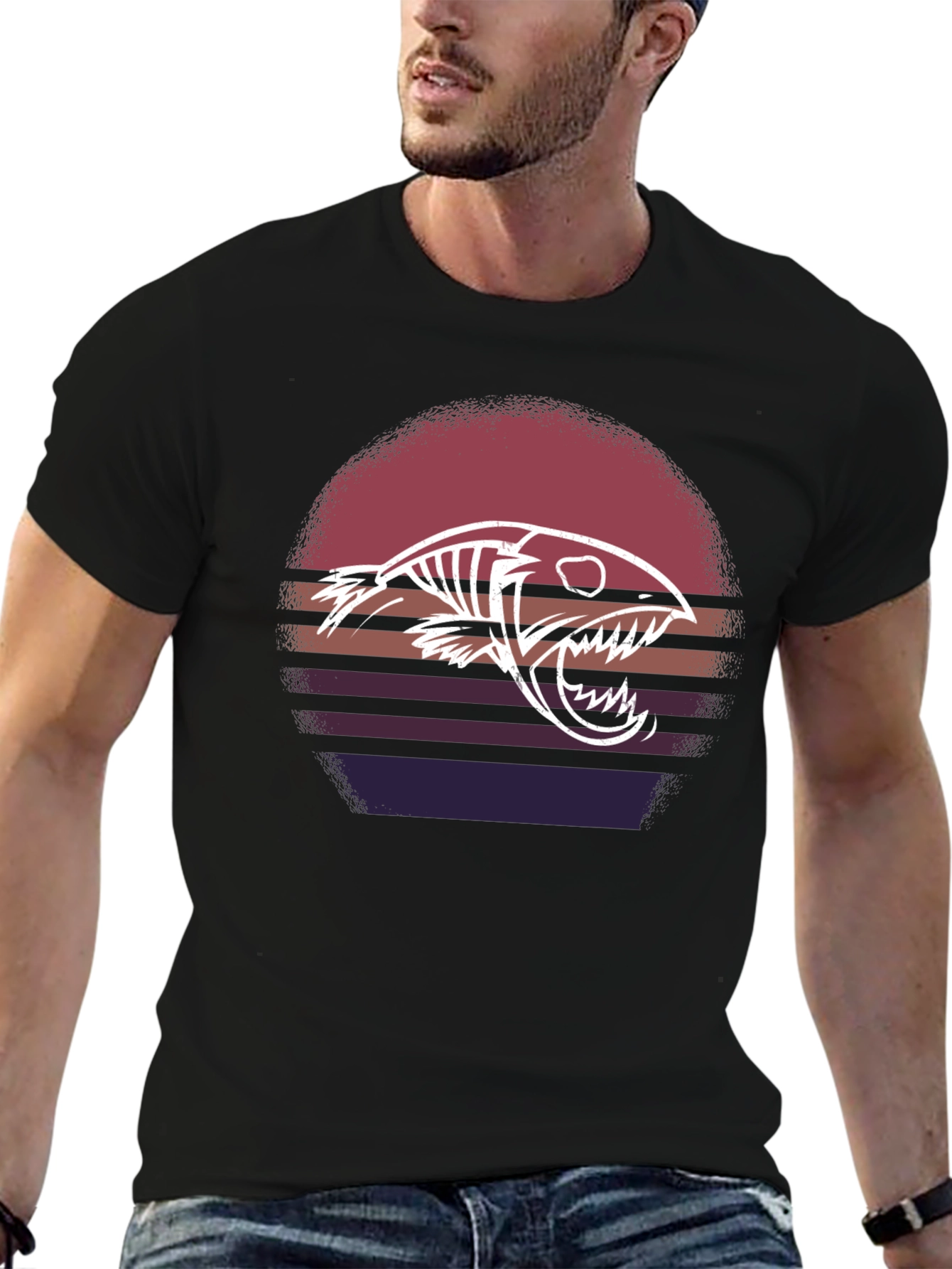 Retro Sunset Fish Skeleton Graphic Tee - Black Cotton
