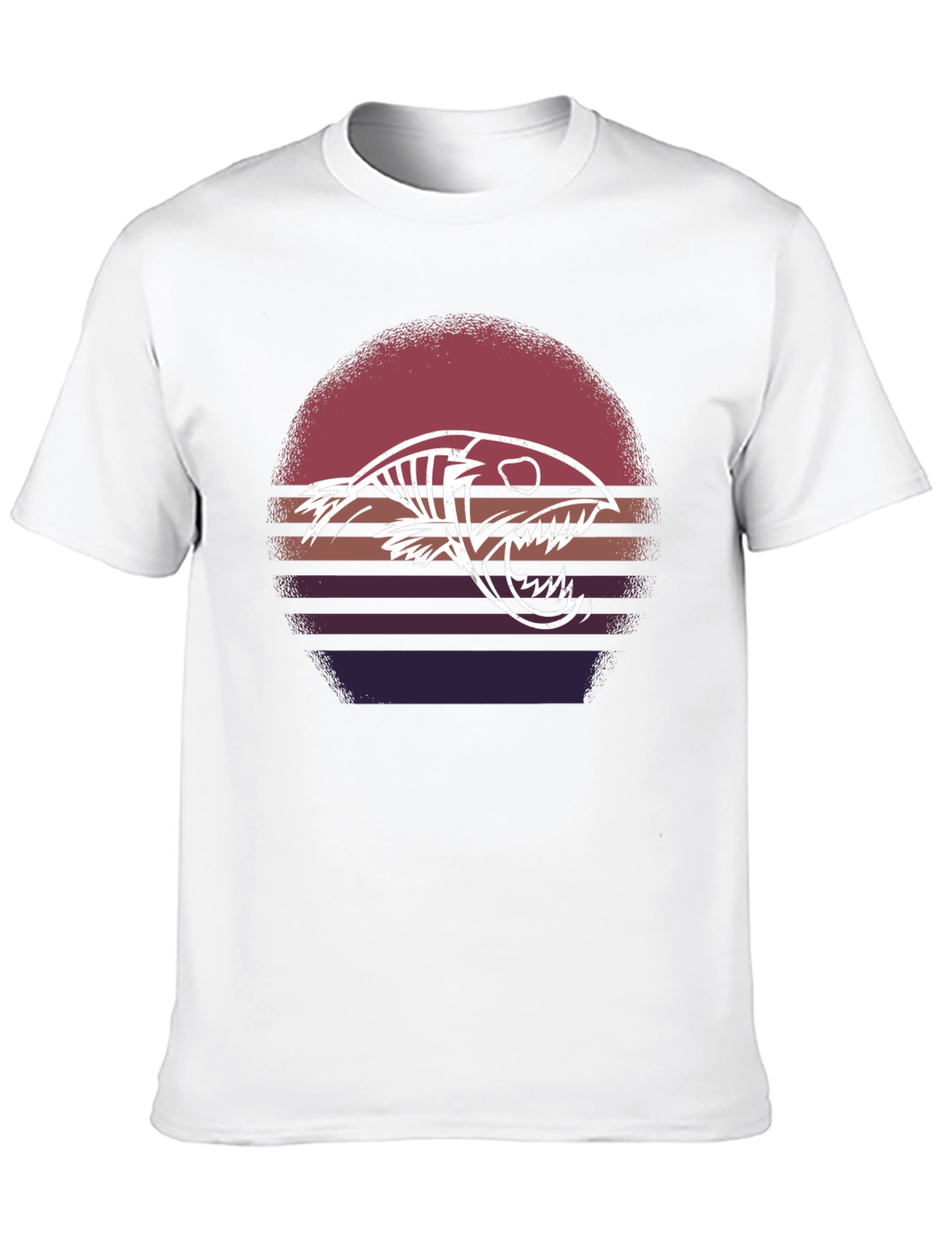 Retro Sunset Fish Skeleton Graphic Tee - Black Cotton