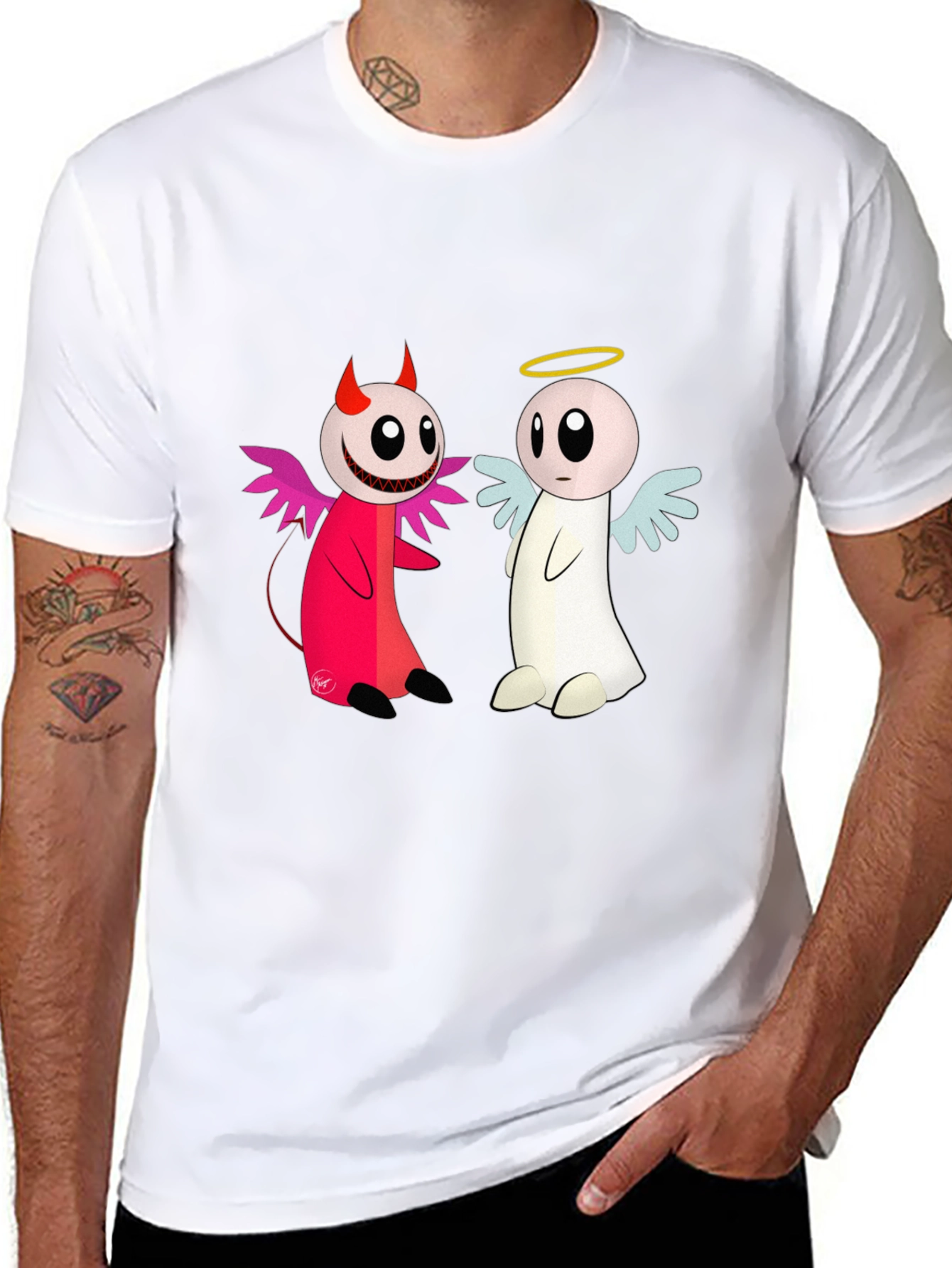 Angel & Devil Cartoon T-Shirt - Black
