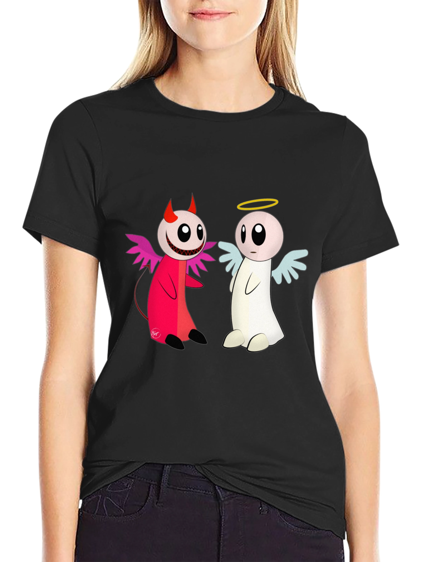 Angel & Devil Cartoon T-Shirt - Black